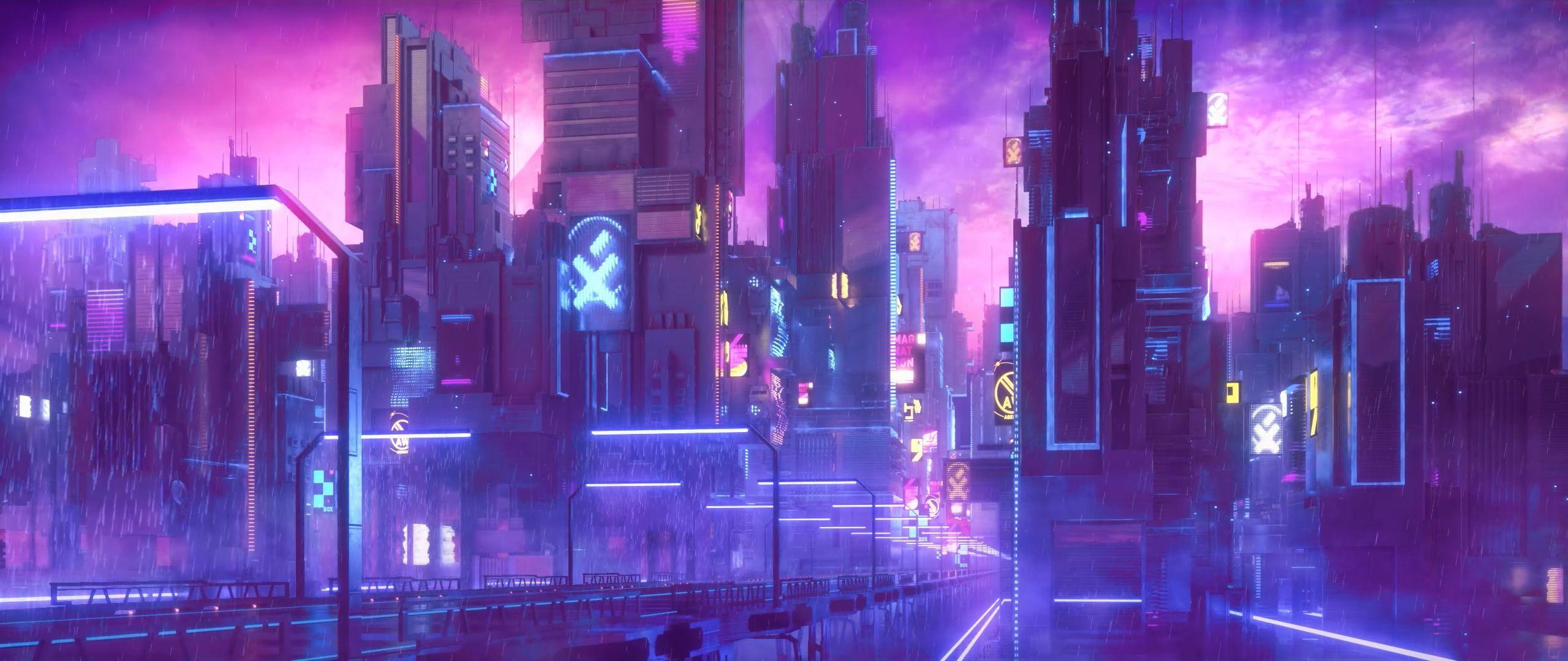 Cyberpunk, Stadt bei Nacht, Neon, Lila, Futuristisch, 21:9, 2K-Hintergrundbild für den Desktop