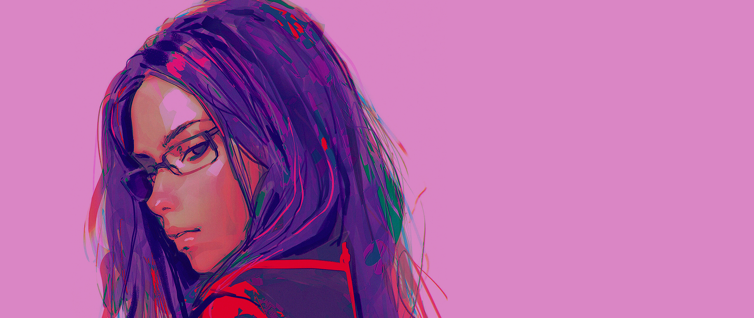 Frau, Brille, Illustration, Rosa Hintergrund, Lila Haare, 2K Wallpaper
