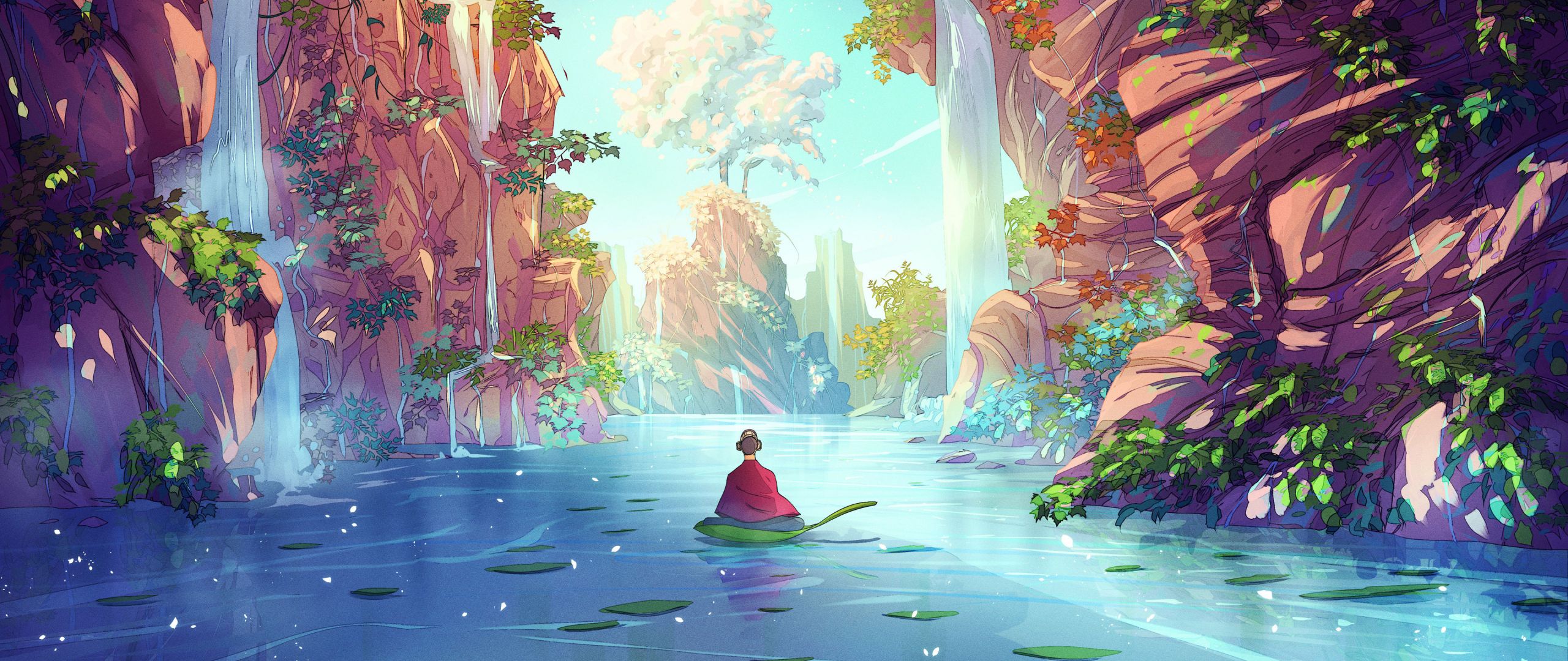 Wasserfall, Fluss, Boot, Schlucht, Fantasy, Illustration, 2K, Windows-Hintergrundbild
