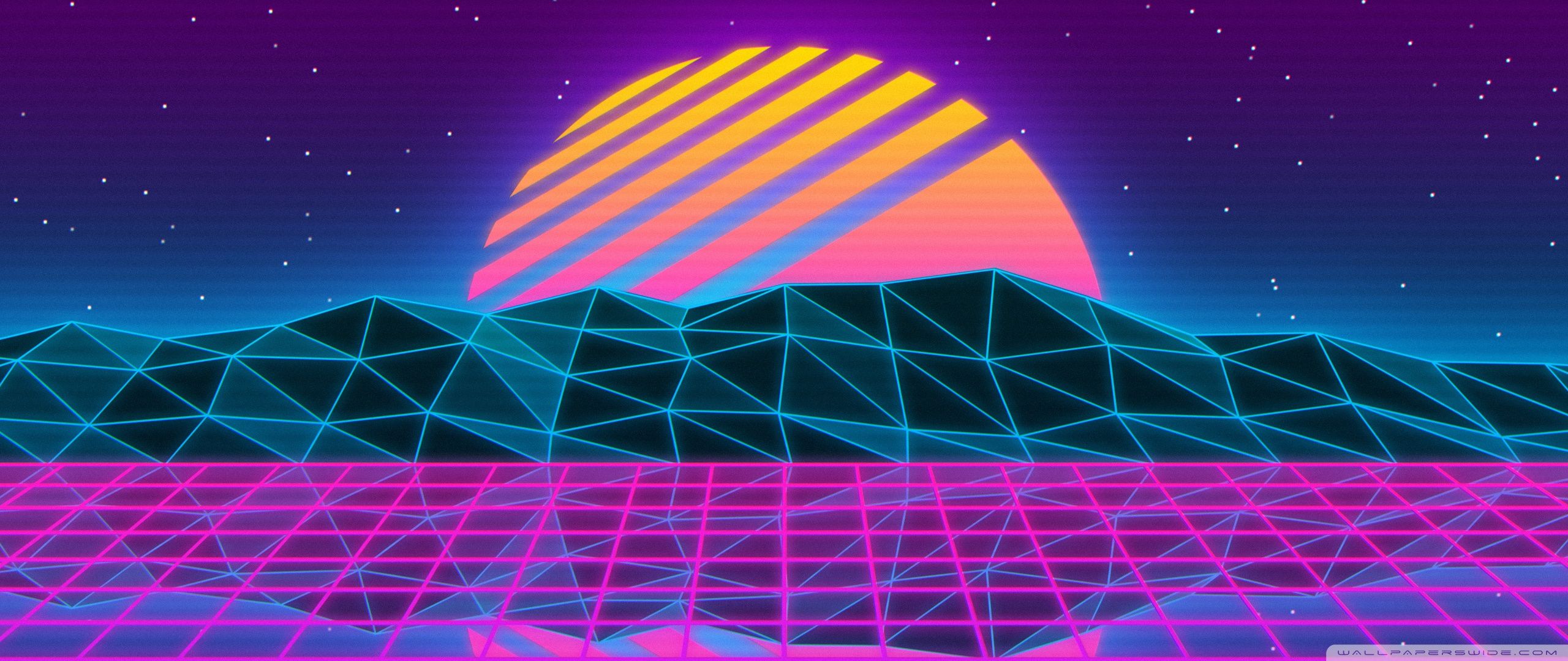 Synthwave, Sonne, Gitter, Wireframe-Berge, Retro, 2K, Desktop-Hintergrund für Windows