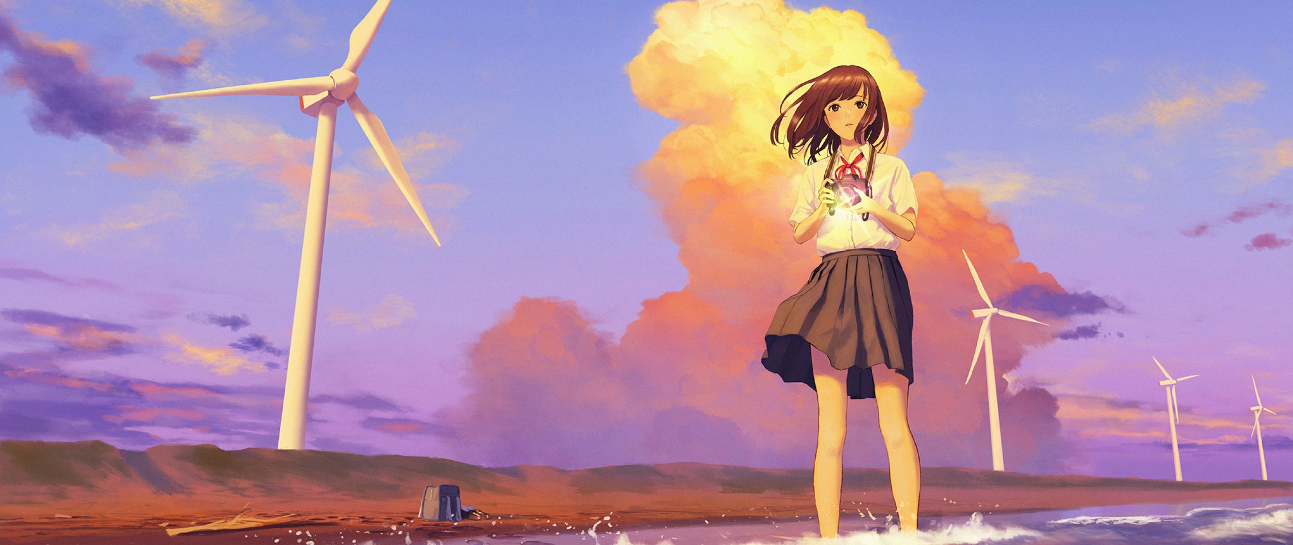 Anime-Mädchen, Windräder, Schuluniform, Wolken, Sommer, 2K, Hintergrund für den Desktop