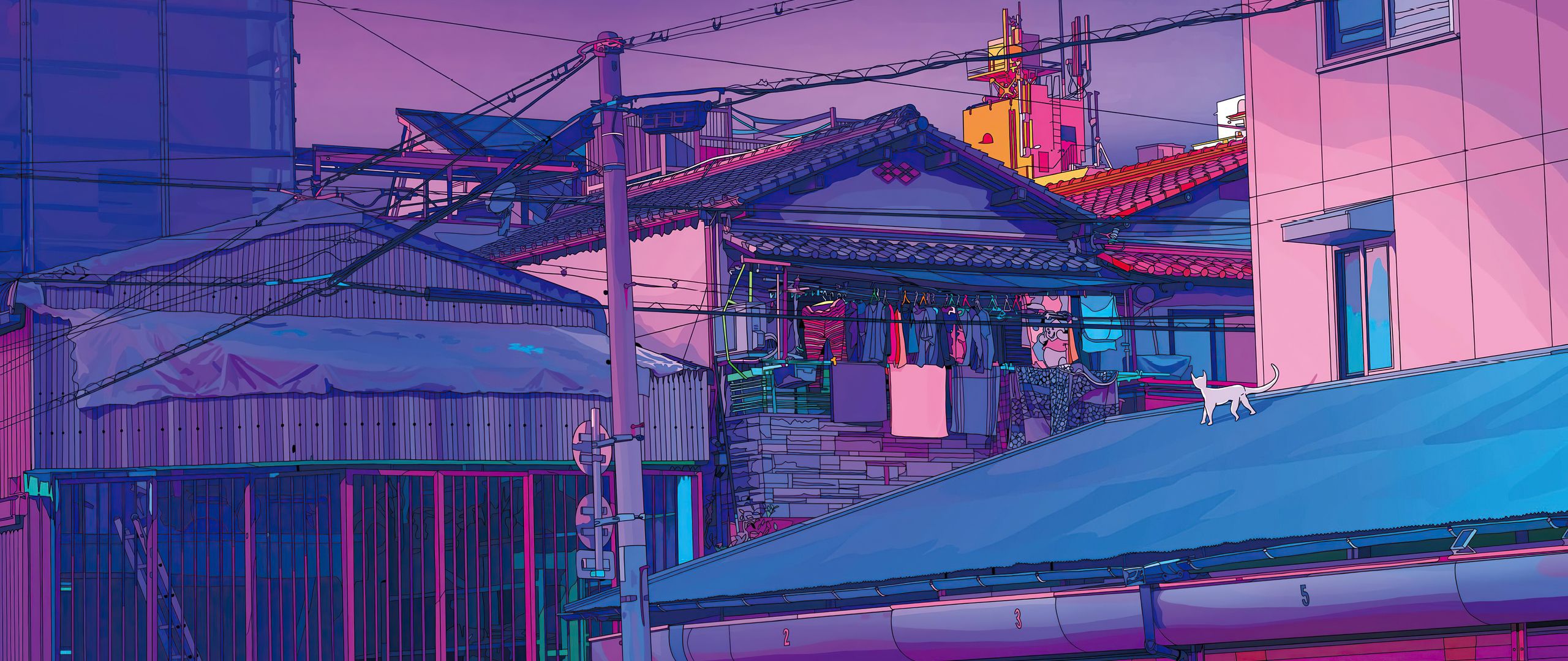 Häuser, Japan, Dächer, Stromleitungen, Anime-Stil, 2K, Hintergrundbild für den PC