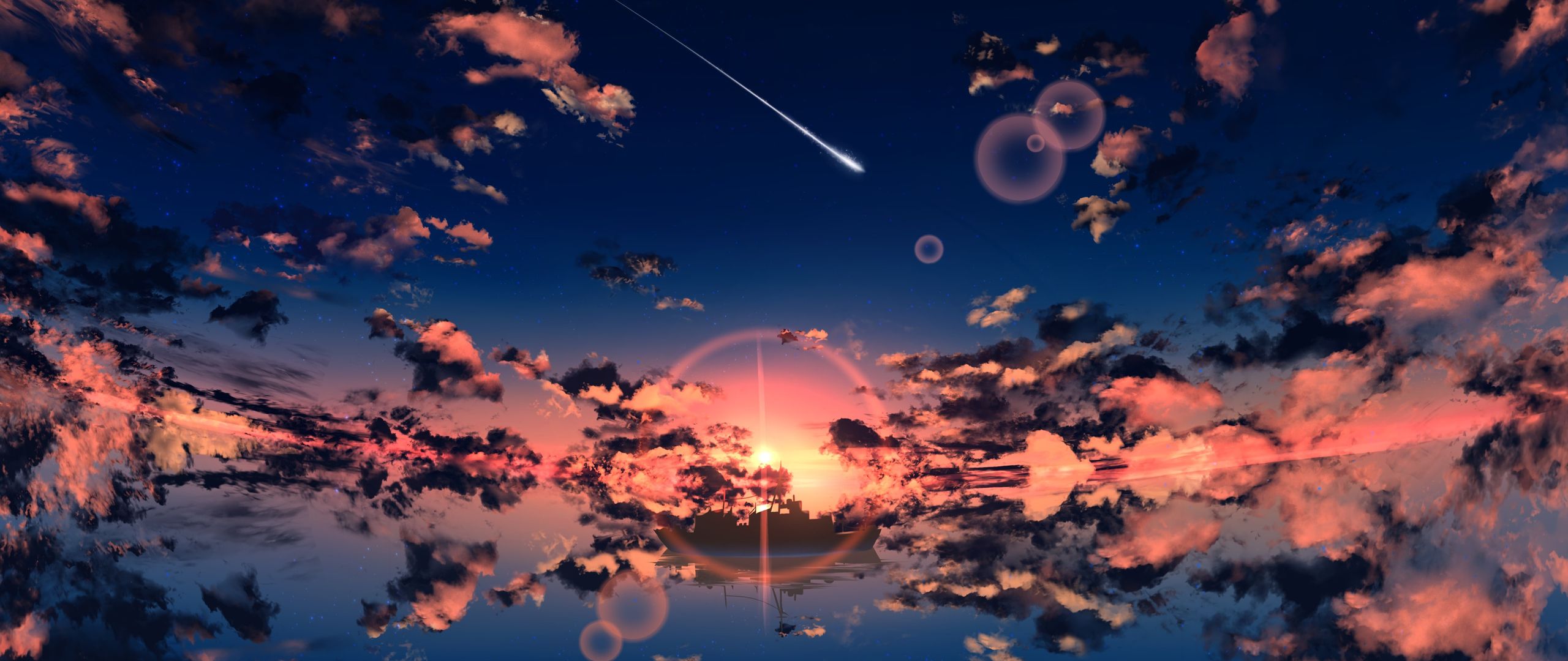 Wolken, Sternschnuppe, Sonnenuntergang, Spiegelung, Anime-Stil, 2K-Hintergrundbild für PC