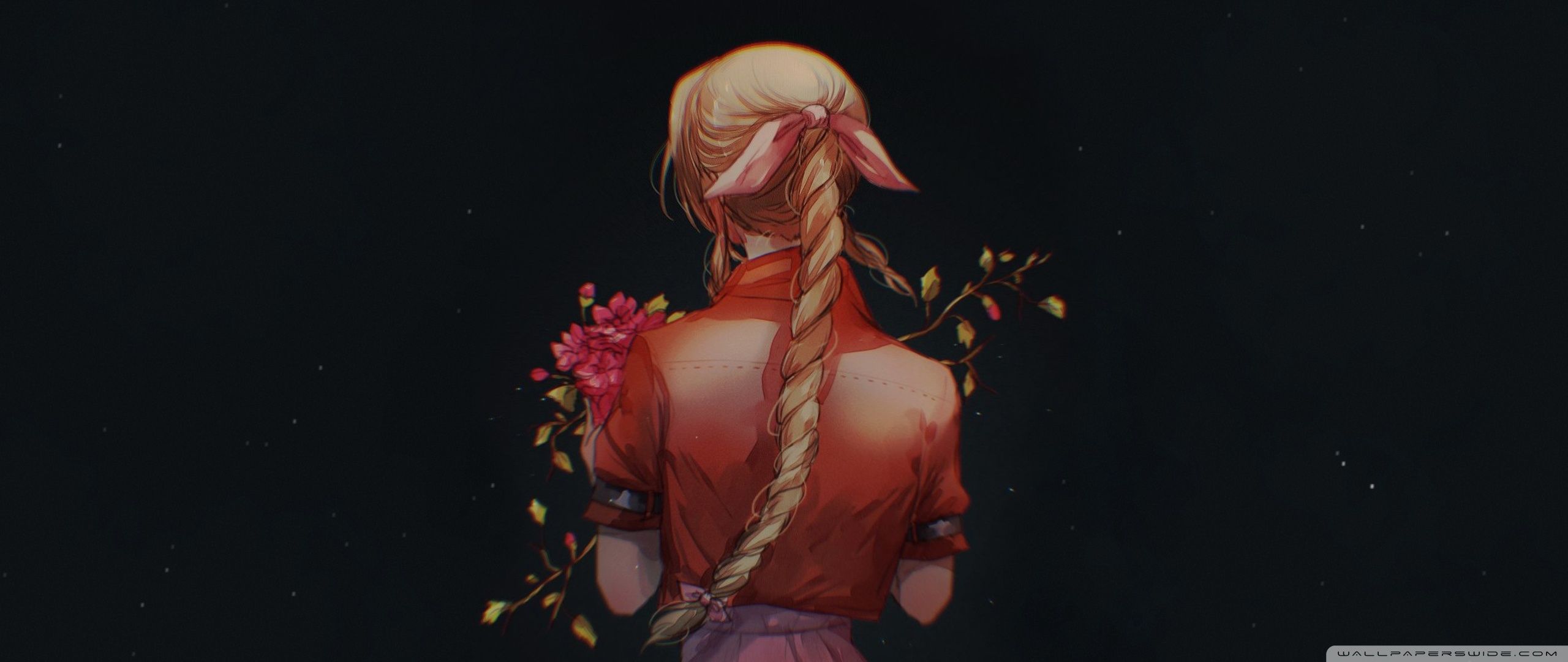 Aerith Gainsborough, Final Fantasy VII, Zopf, Blumen, Dunkler Hintergrund, 2K Wallpaper