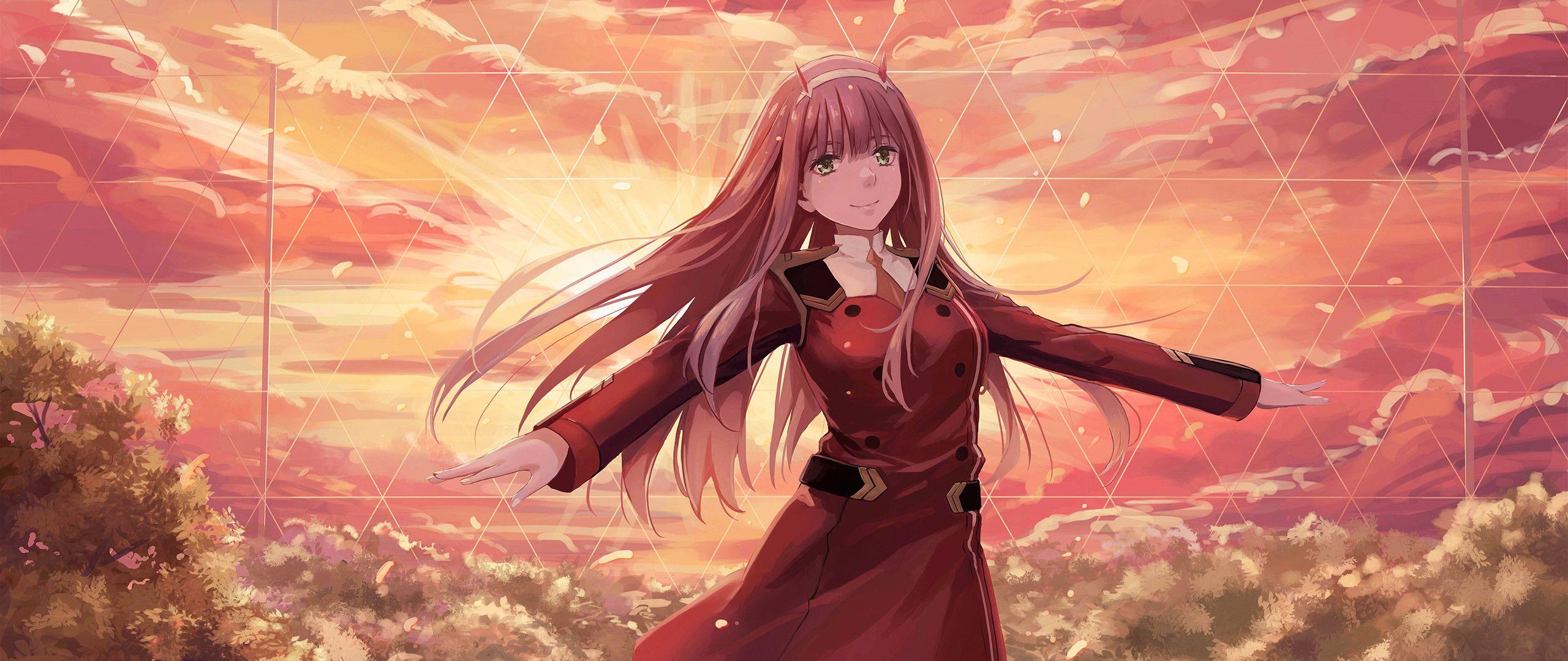 Anime-Mädchen, Roter Mantel, Sonnenuntergang, Wolken, Wind, 2K, PC-Hintergrundbild