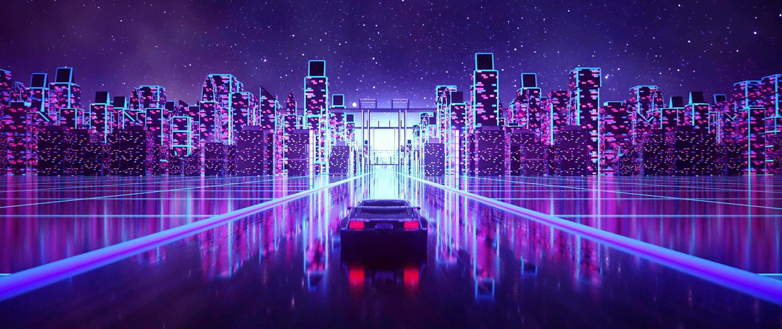 Synthwave, Auto, Neonstadt, Gitter, Lila, 2K, Hintergrundbild für den PC