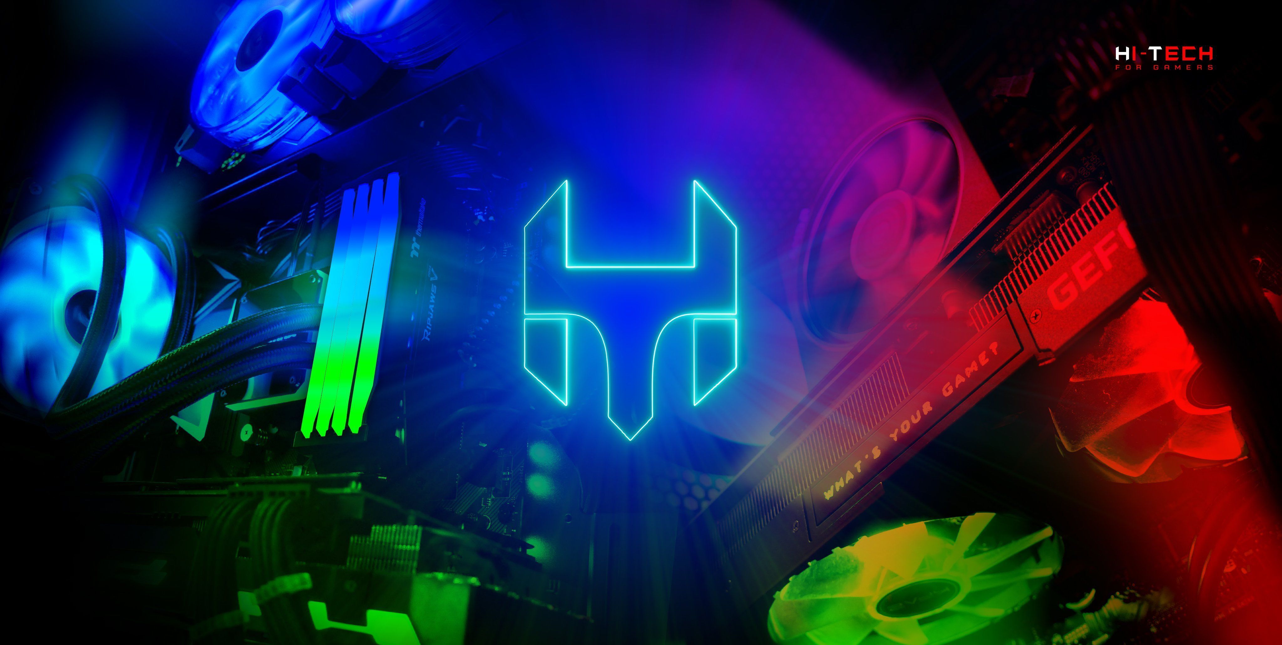 Gaming-Setup, RGB-Beleuchtung, Neon, Logo, 4K, Hintergrundbild für den PC