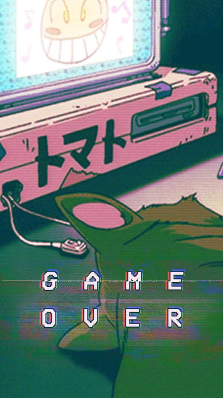Game Over, Retro-Fernseher, Japanische Schrift, Vaporwave, Grün und Pink, Hintergrundbild fürs Handy