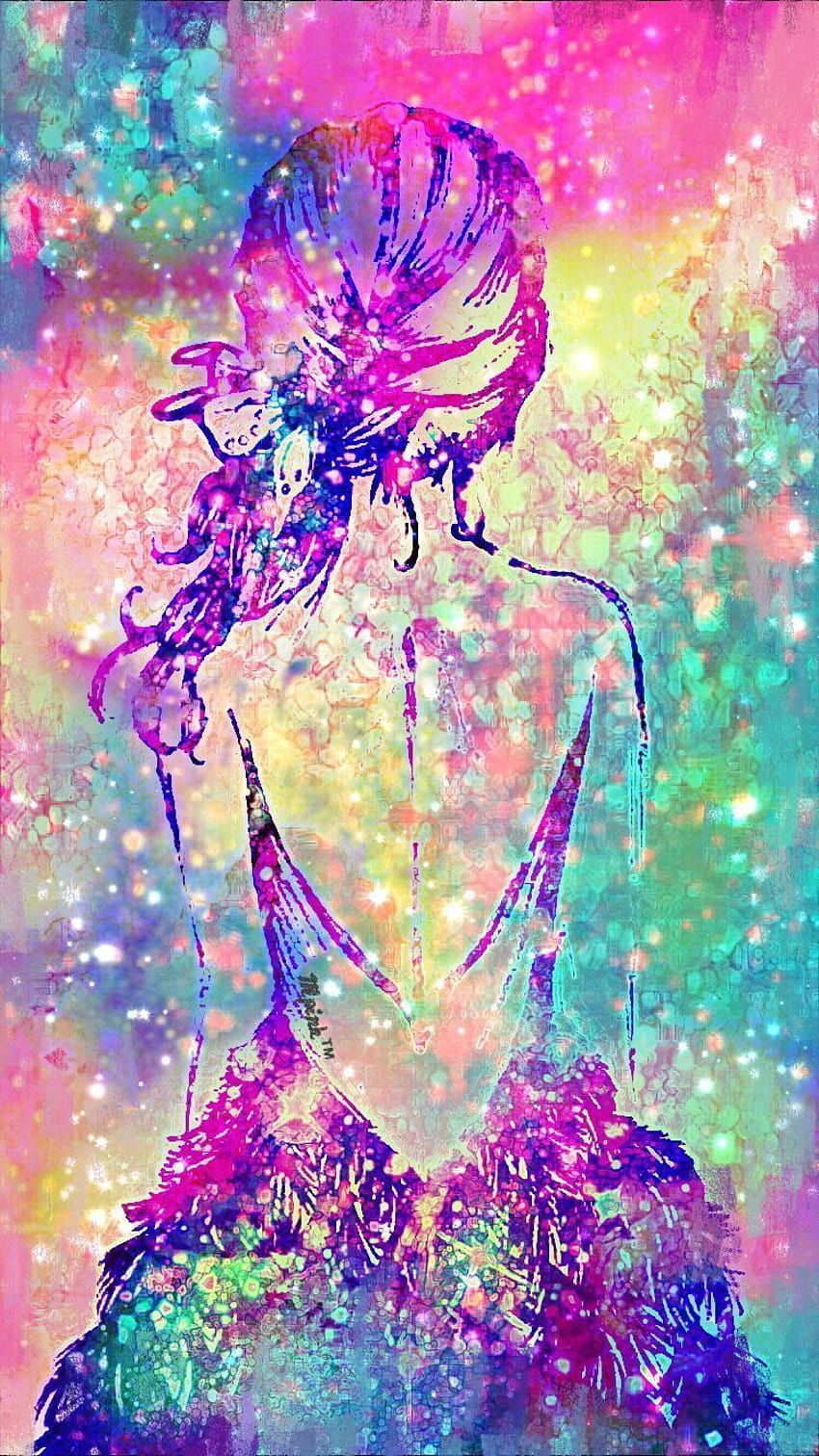 Silhouette, Frau, Galaxie-Glitzer, Bunt, Pink, Digitale Kunst, Hintergrundbild fürs Handy
