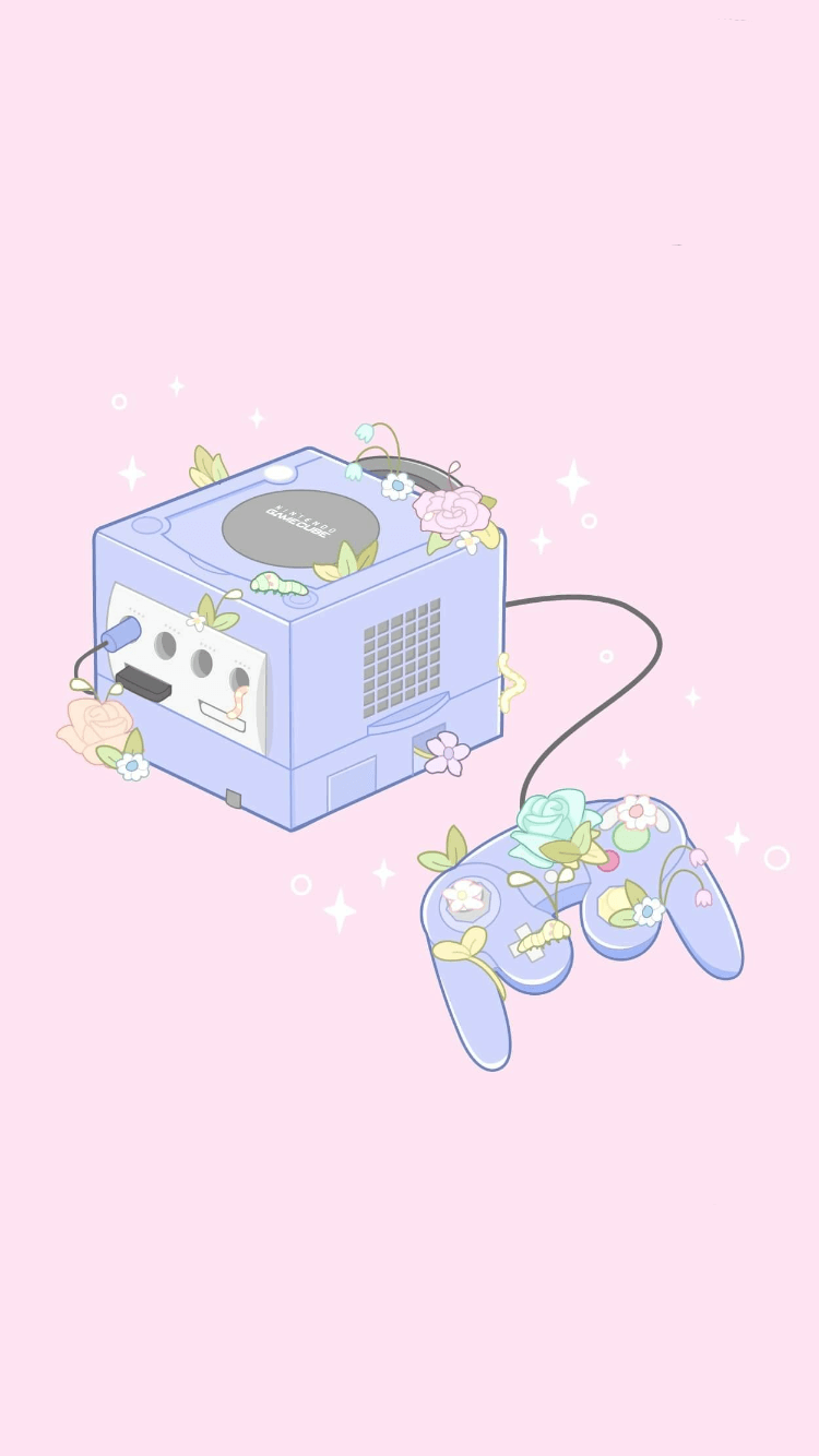 Nintendo GameCube, Nintendo, Konsole, Controller, Pastellrosa, Illustration, Hochformat-Hintergrundbild