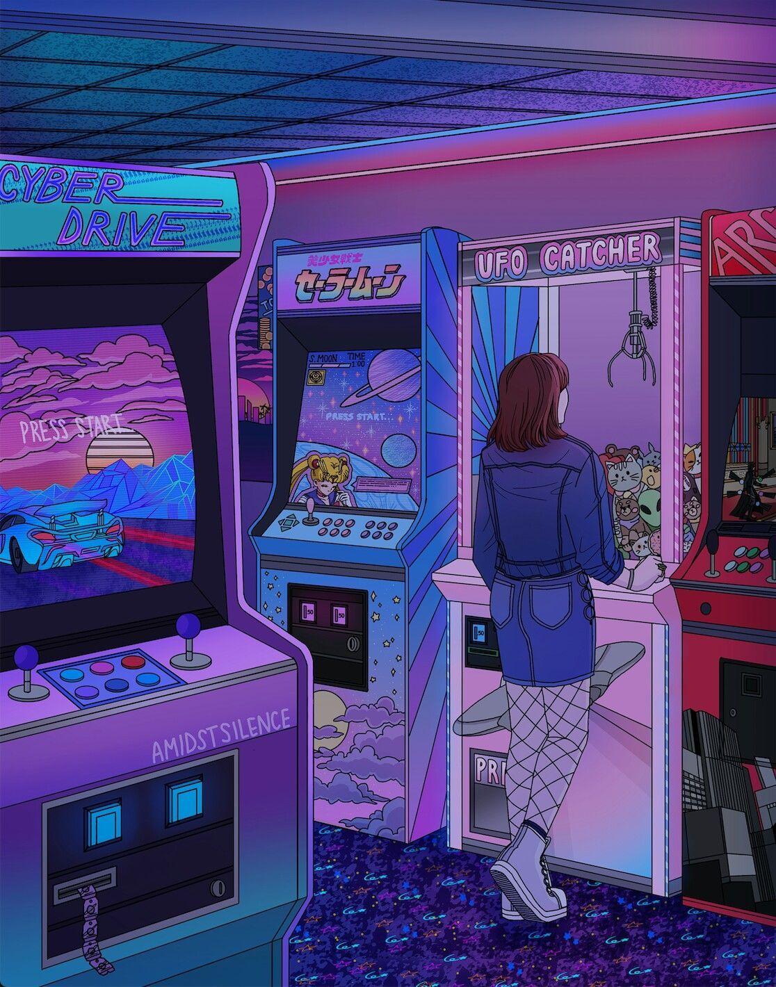 Spielhalle, Arcade-Automaten, Mädchen, Illustration, Lila, Full HD, iPad-Hintergrundbild