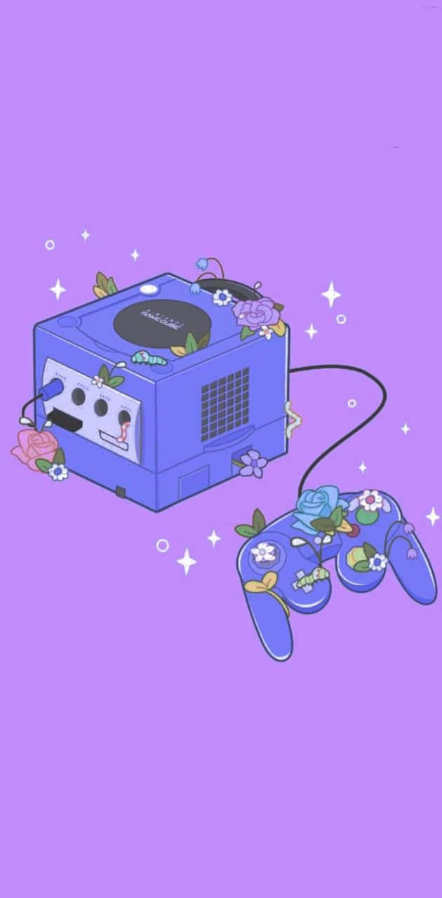 Nintendo GameCube, Controller, Lila Hintergrund, Illustration, Glitzer, Sperrbildschirm fürs iPhone