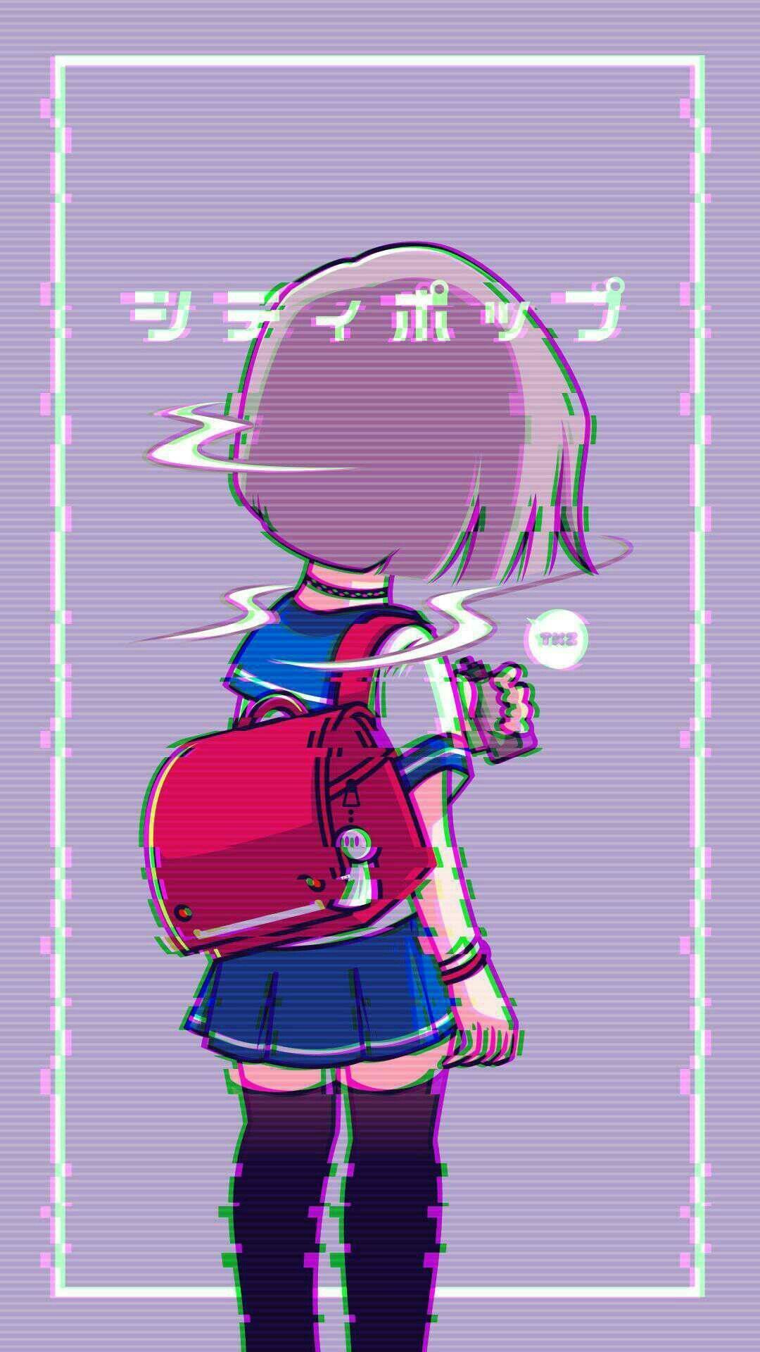 Anime-Mädchen, Schuluniform, Rucksack, Japanische Schrift, Lila, Full HD, Handy-Hintergrundbild