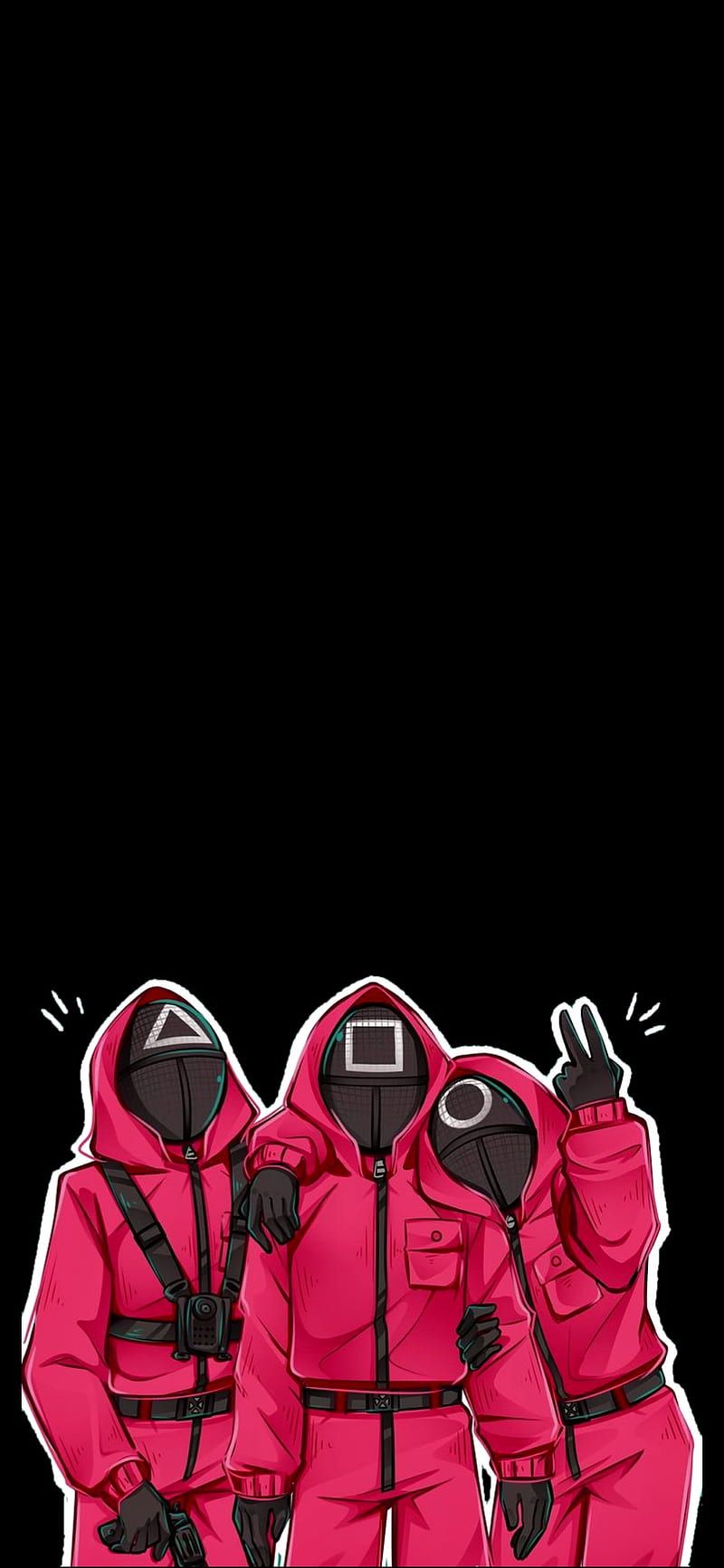 Squid Game, Wächter, Rote Overalls, Masken, Schwarzer Hintergrund, Sperrbildschirm fürs iPhone