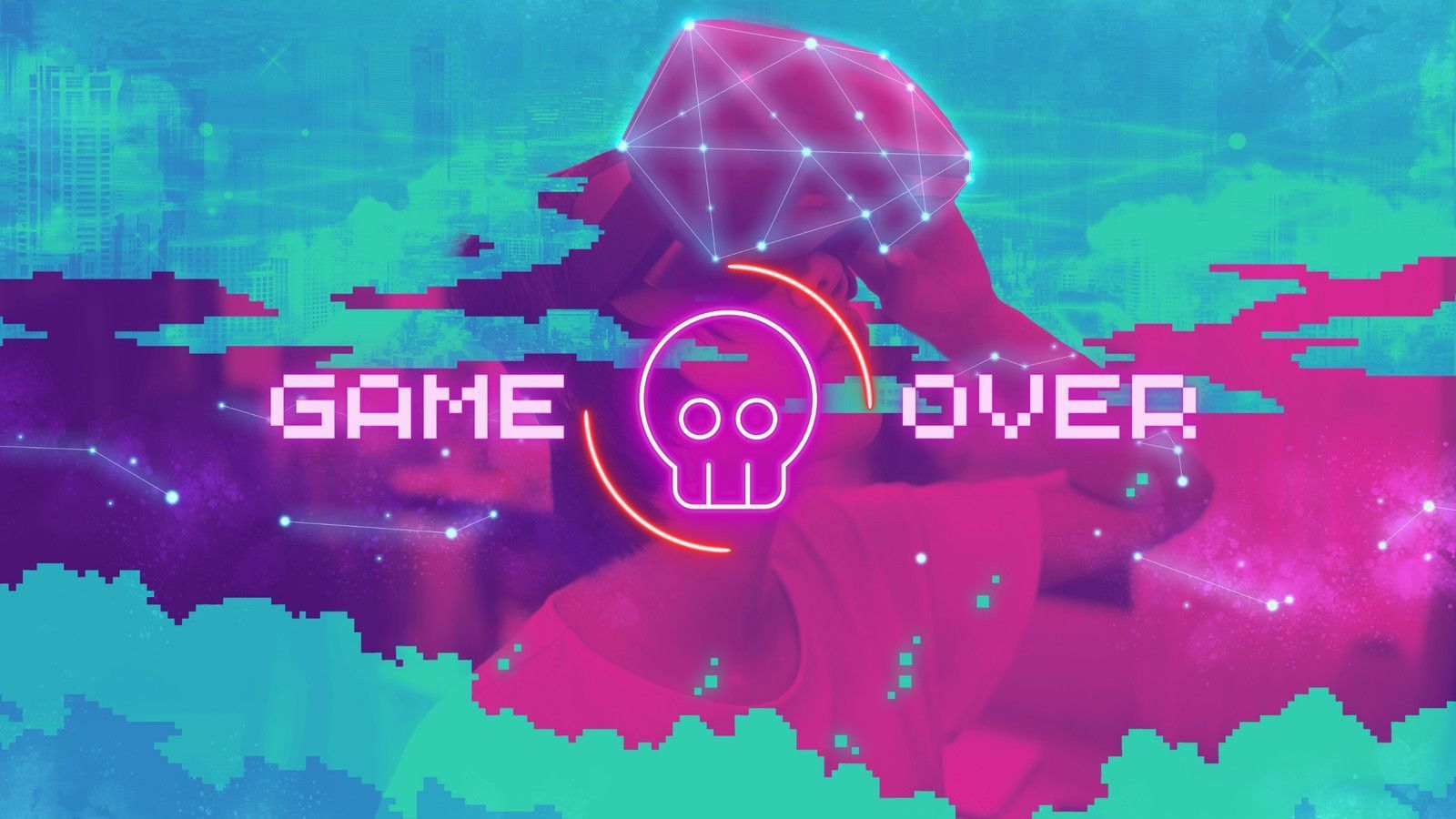 Game Over, Totenkopf, Pixel-Art, Neon, Pink und Türkis, HD, Hintergrund für den Desktop