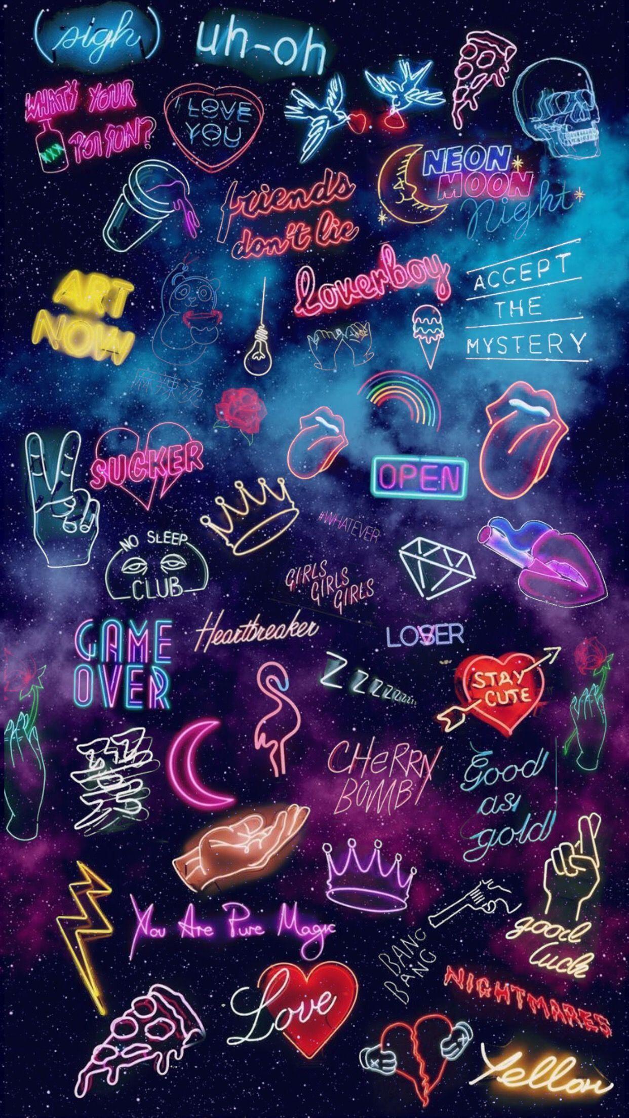 Neon-Schriftzüge, Doodles, Sticker, Bunt, Dunkelblau, Full HD, Sperrbildschirm fürs iPhone
