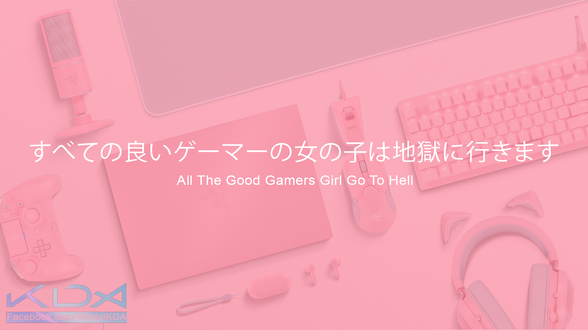 All the Good Gamer Girls Go to Hell, Japanische Schrift, Gaming-Setup, Rosa, Tastatur, Full-HD-Hintergrund
