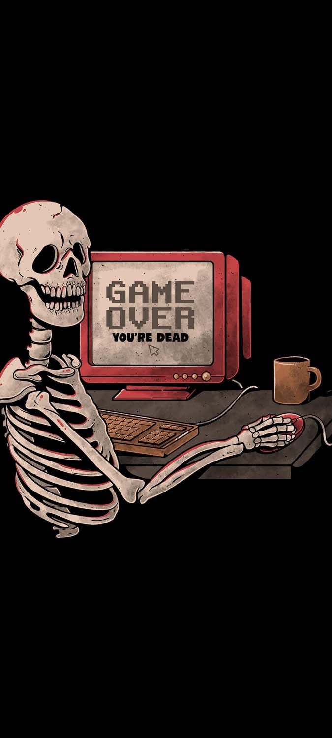 Skelett, Game Over, Retro-Computer, Schwarzer Hintergrund, Humor, Sperrbildschirm fürs iPhone