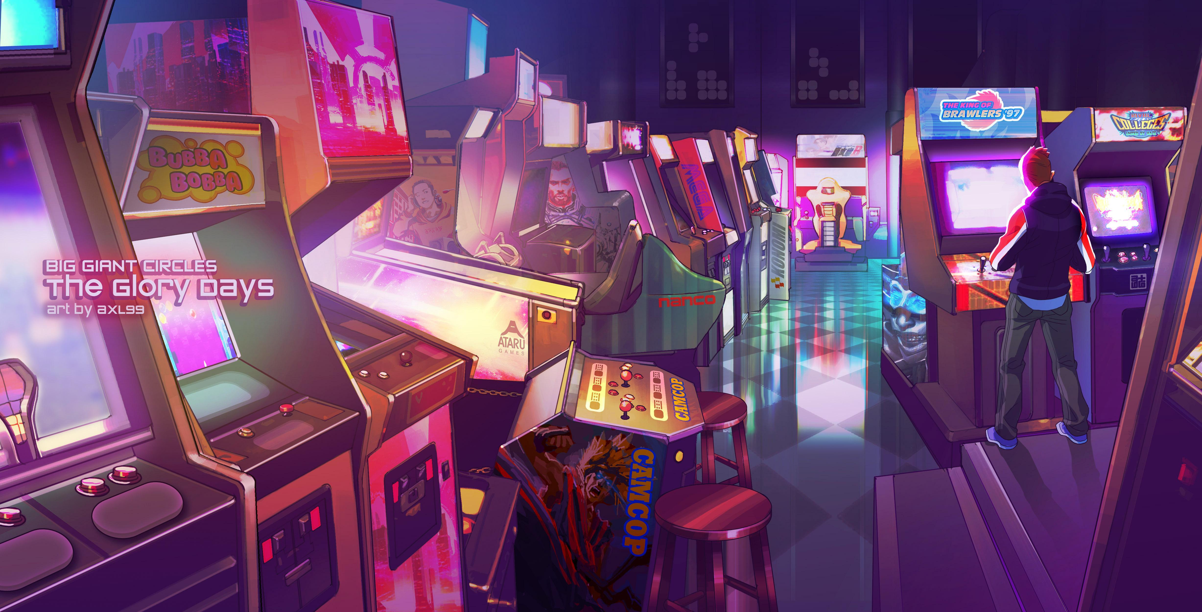 Spielhalle, The Glory Days, Arcade-Automaten, Retro, Illustration, Neon, 4K, Windows-Hintergrundbild