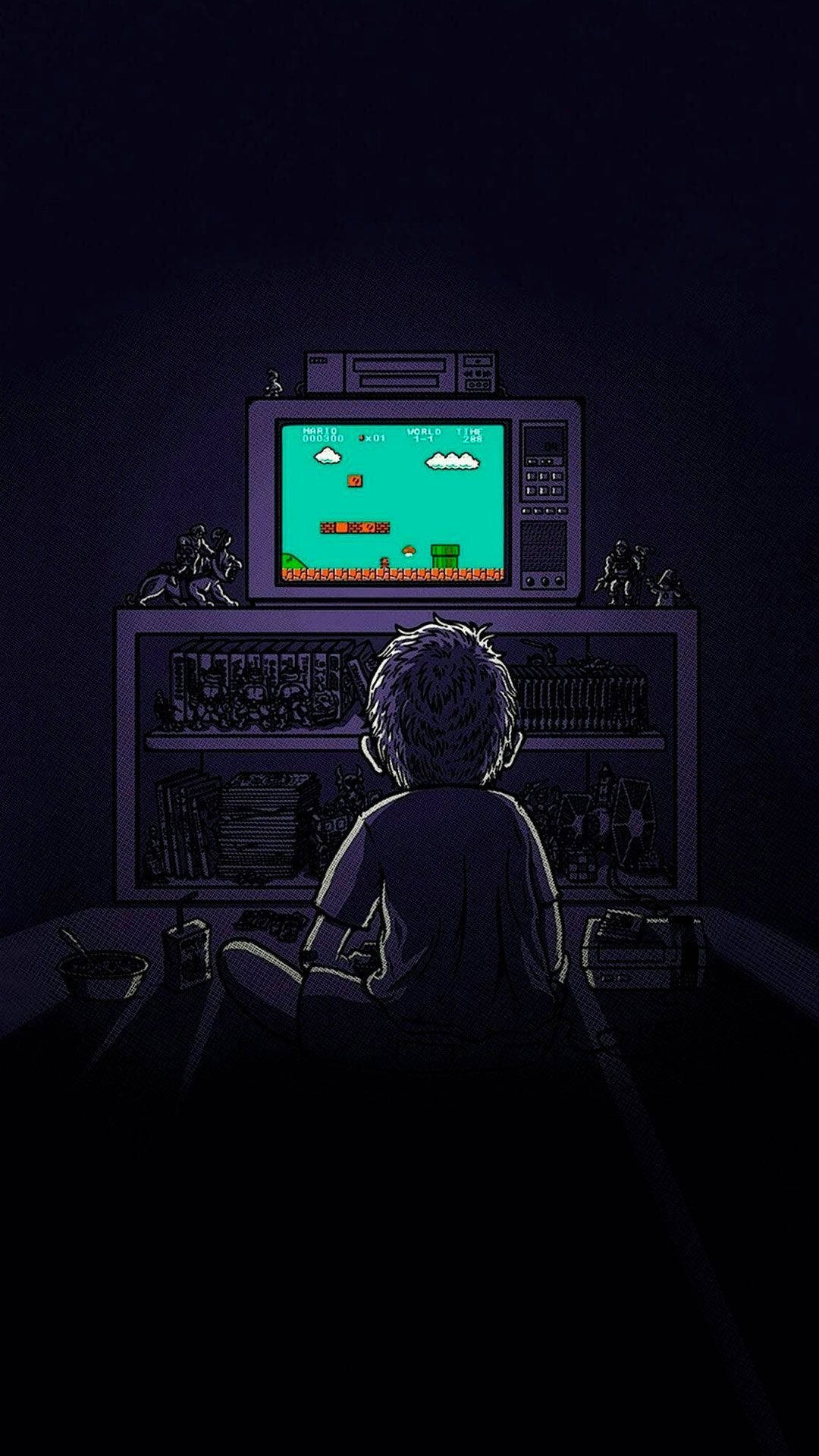 Retro-Computer, Gamer, Rückenansicht, Dunkel, Pixel art, 1080x1920, Handy-Hintergrund