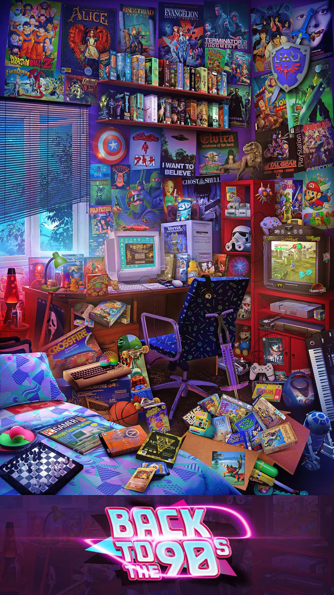 Back to the 90s, Retro-Zimmer, Spielkonsolen, Neon, Nostalgie, Illustration, Handy-Hintergrund