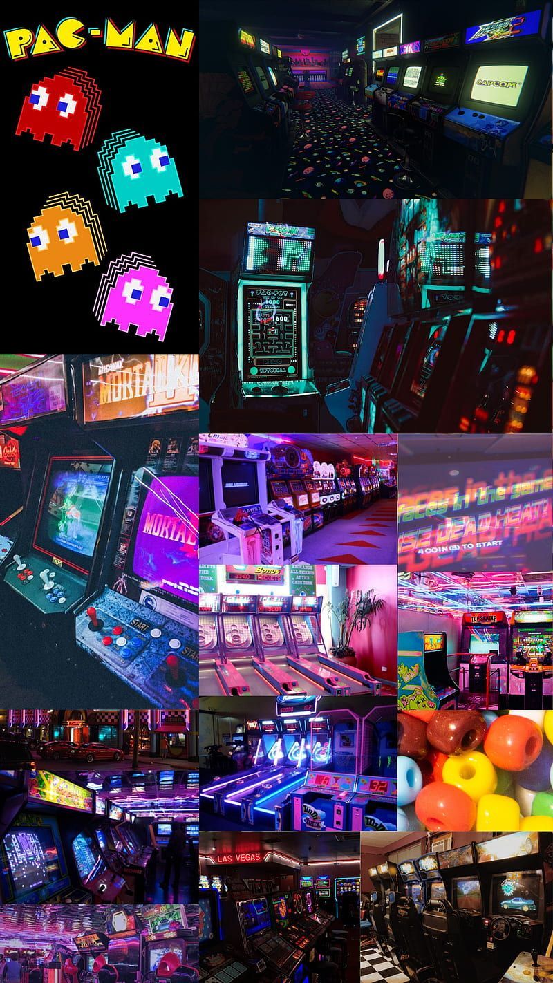 Pac-Man, Collage, Arcade, Retro, Neon, HD, Handy-Hintergrund im Hochformat
