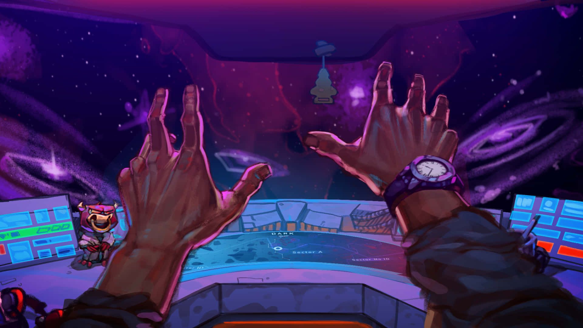 Raumschiff-Cockpit, Hände, Weltall, Galaxie, Illustration, Lila, Full HD, Windows-Hintergrundbild