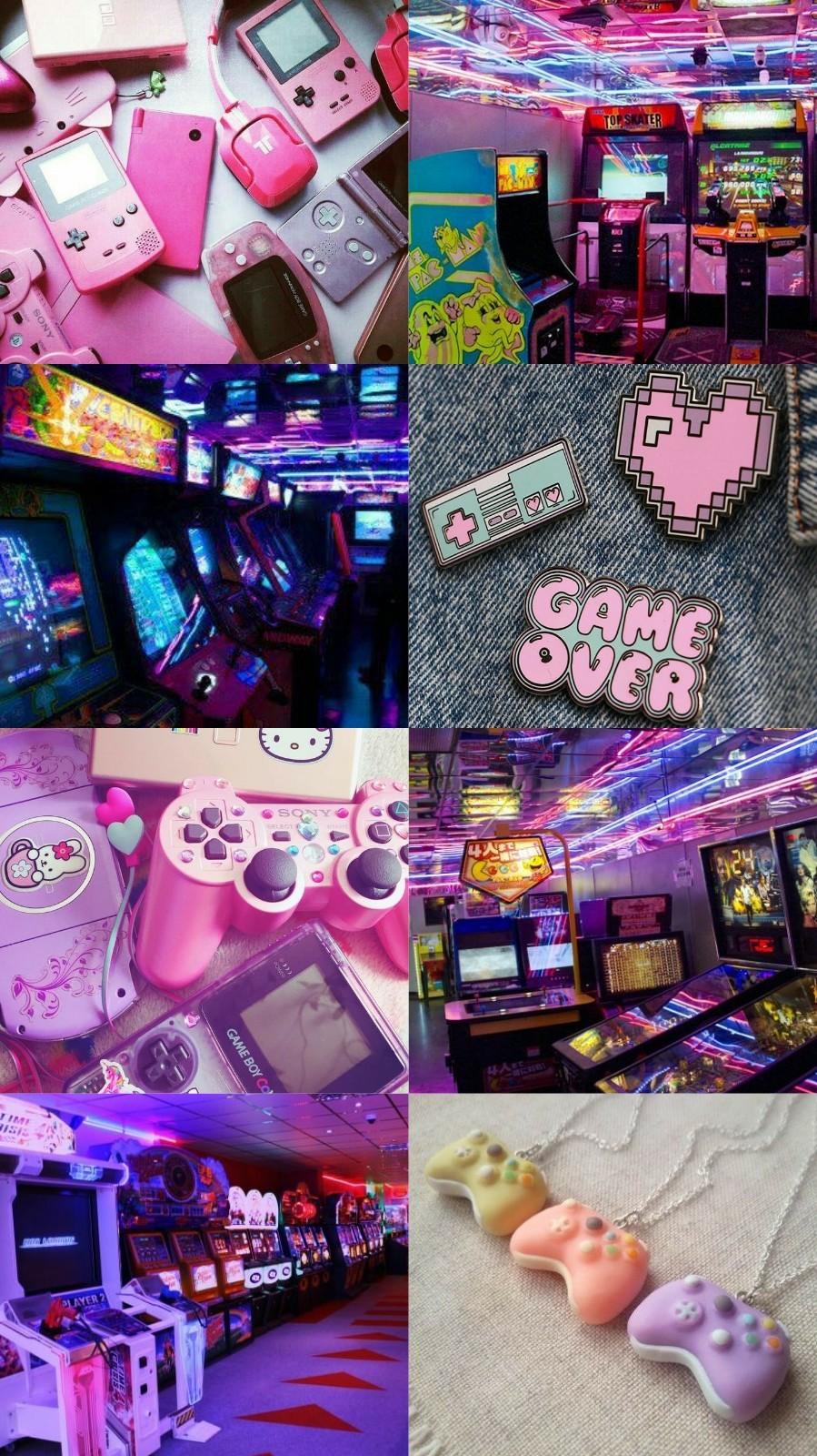 Collage, Game Over, Controller, Rosa, Retro, Ästhetisch, Hintergrundbild fürs Handy