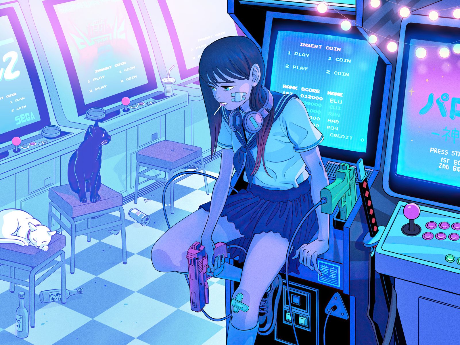 Spielhalle, Anime-Mädchen, Katze, Arcade-Automaten, Schuluniform, Blau, Hintergrundbild fürs iPad