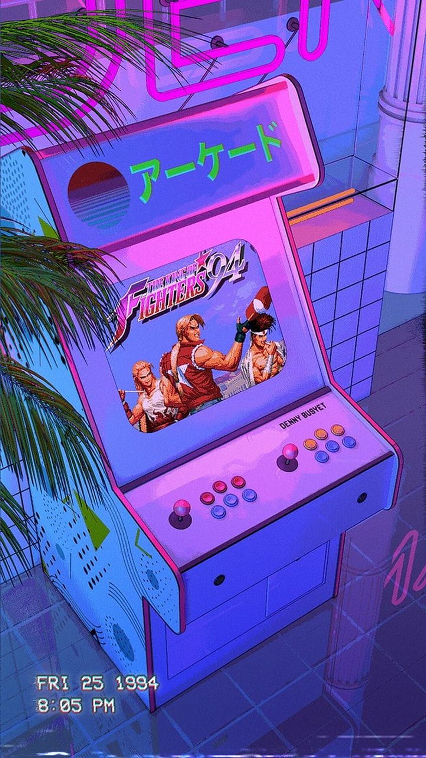 Arcade-Automat, Palmen, Retro, Vaporwave, Pink-Blau, HD, Hintergrundbild fürs Handy