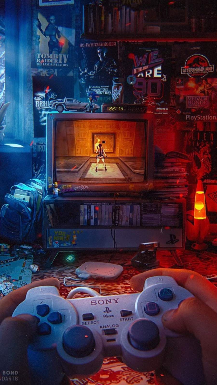 Gamer-Zimmer, Controller, Monitor, Retro, Warmes Licht, Digitale Kunst, HD, Handy-Hintergrundbild