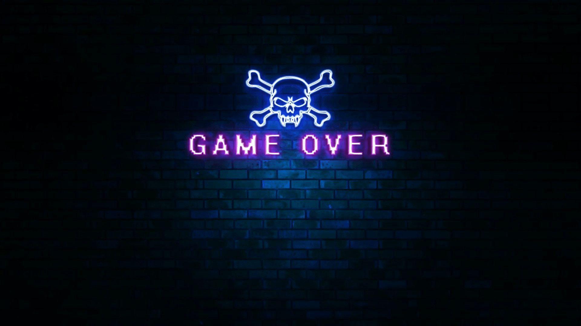 Game Over, Totenkopf, Neonschrift, Ziegelwand, Blau, 16:9, Full-HD-Hintergrundbild für den Desktop