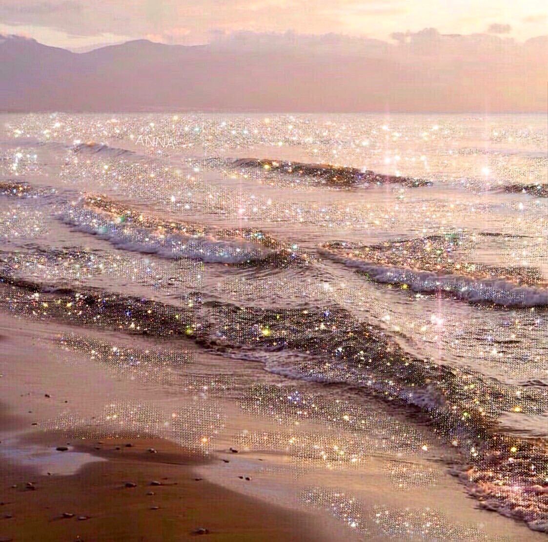 Strand, Wellen, Sonnenuntergang, Glitzerwasser, Pastell, Hintergrundbild fürs iPad