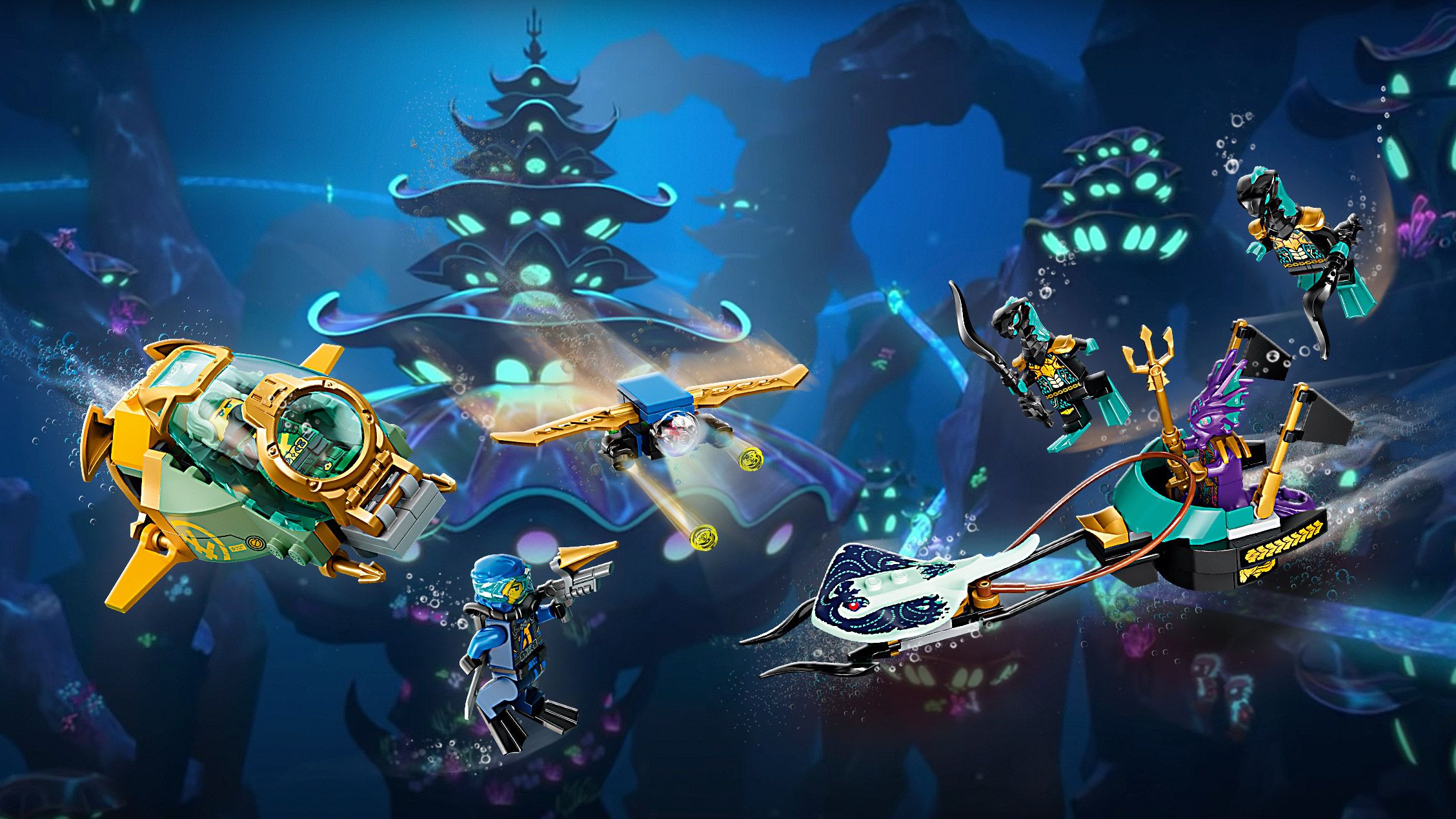 Ninjago: Seabound, Unterwasser, Fahrzeuge, Kampf, Blaues Licht, Lego, Full HD, PC-Hintergrundbild