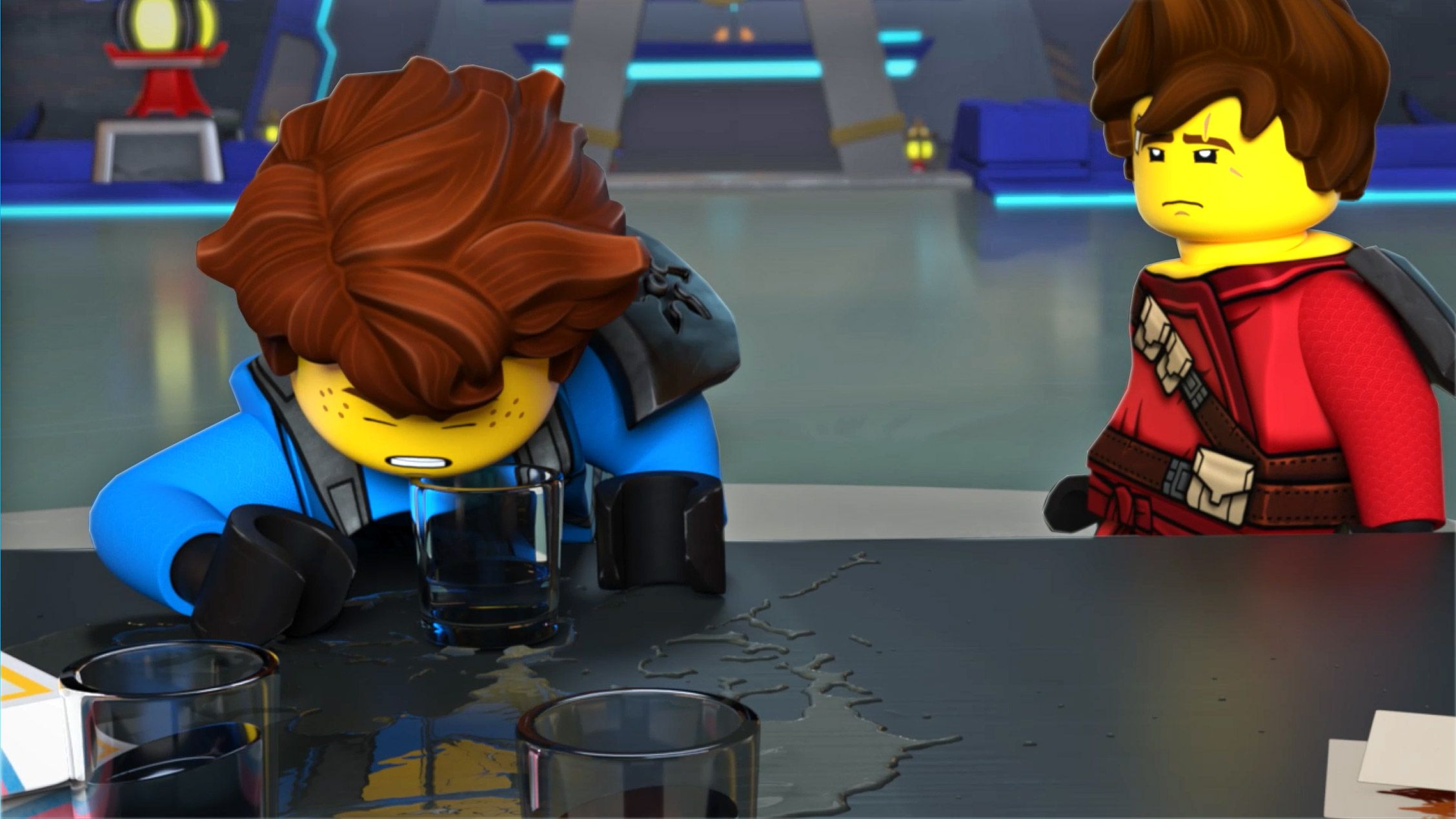 Jay, Kai, Lego Ninjago, Zeichentrickserie, Tisch, Müde, 16:9, Full-HD-Hintergrundbild für den Desktop
