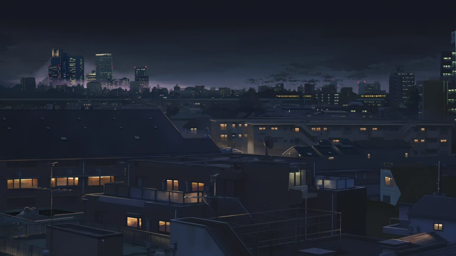 Stadt bei Nacht, Anime-Stil, Dächer, Lichter, Dunkel, 16:9, Full-HD-Hintergrundbild für den Desktop