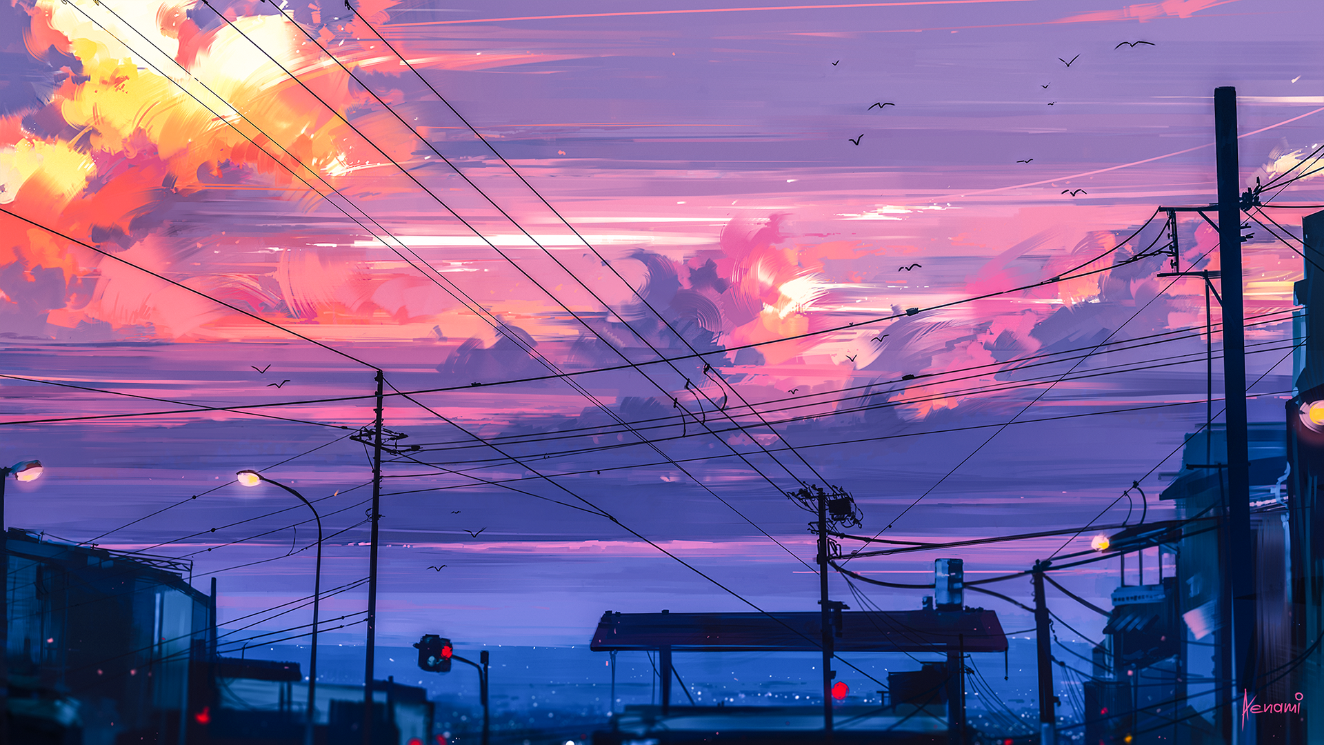 Stromleitungen, Sonnenuntergang, Bushaltestelle, Anime-Stil, Wolken, Full HD, Windows-Hintergrundbild