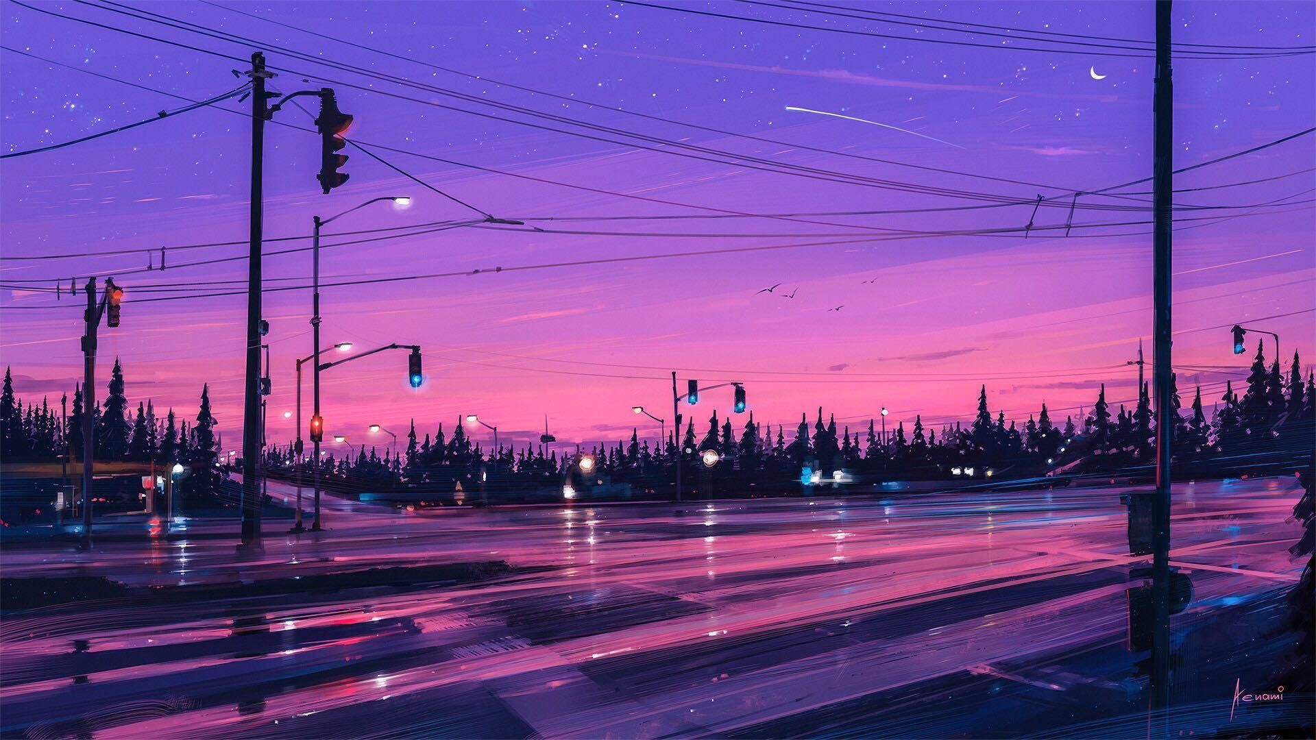 Kreuzung, Ampeln, Lila Himmel, Digitale Malerei, Dämmerung, 1920x1080, Desktop-Hintergrund