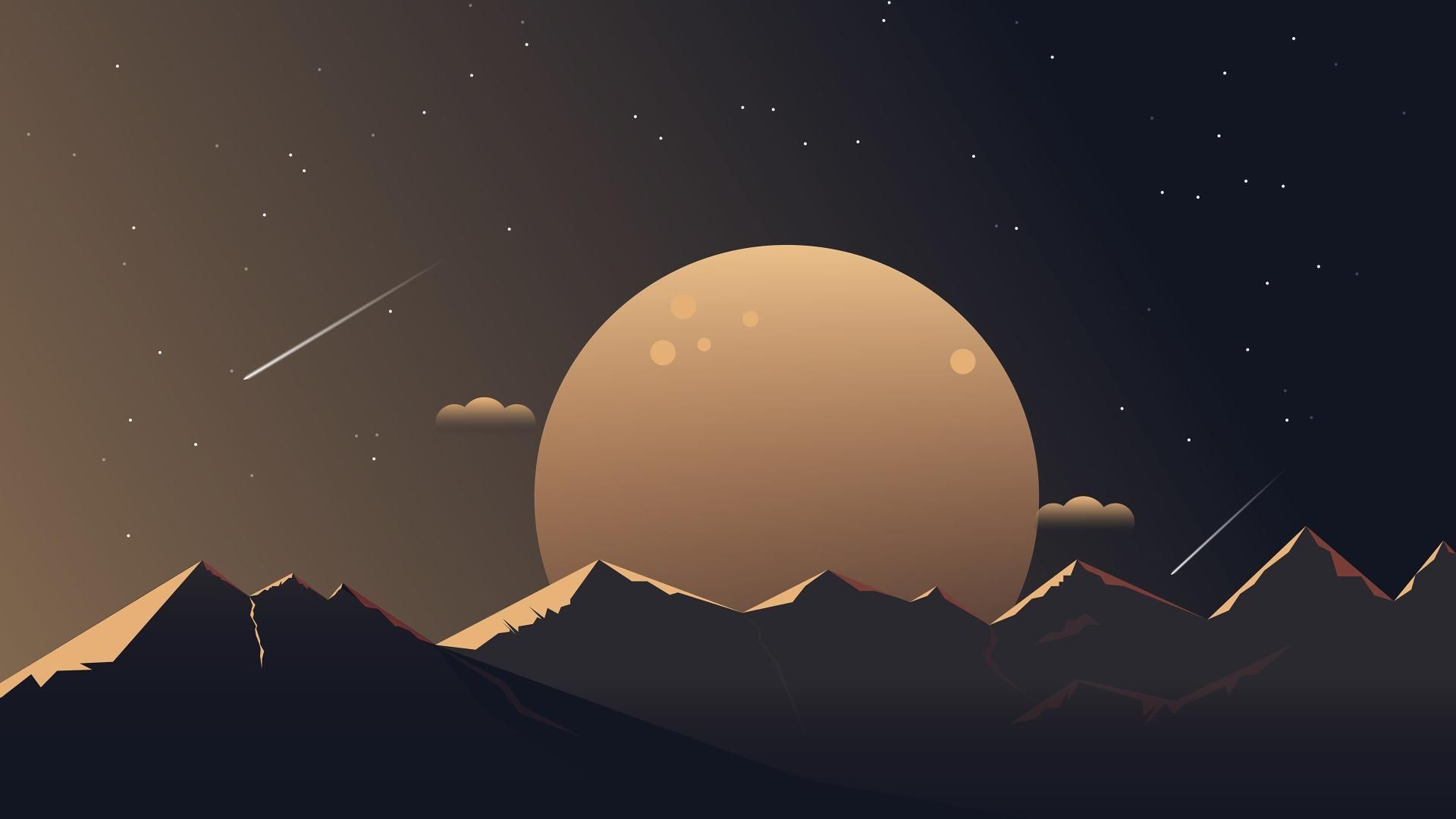 Mond, Berge, Silhouette, Sternschnuppen, Minimalistisch, Full HD, Desktop-Hintergrund