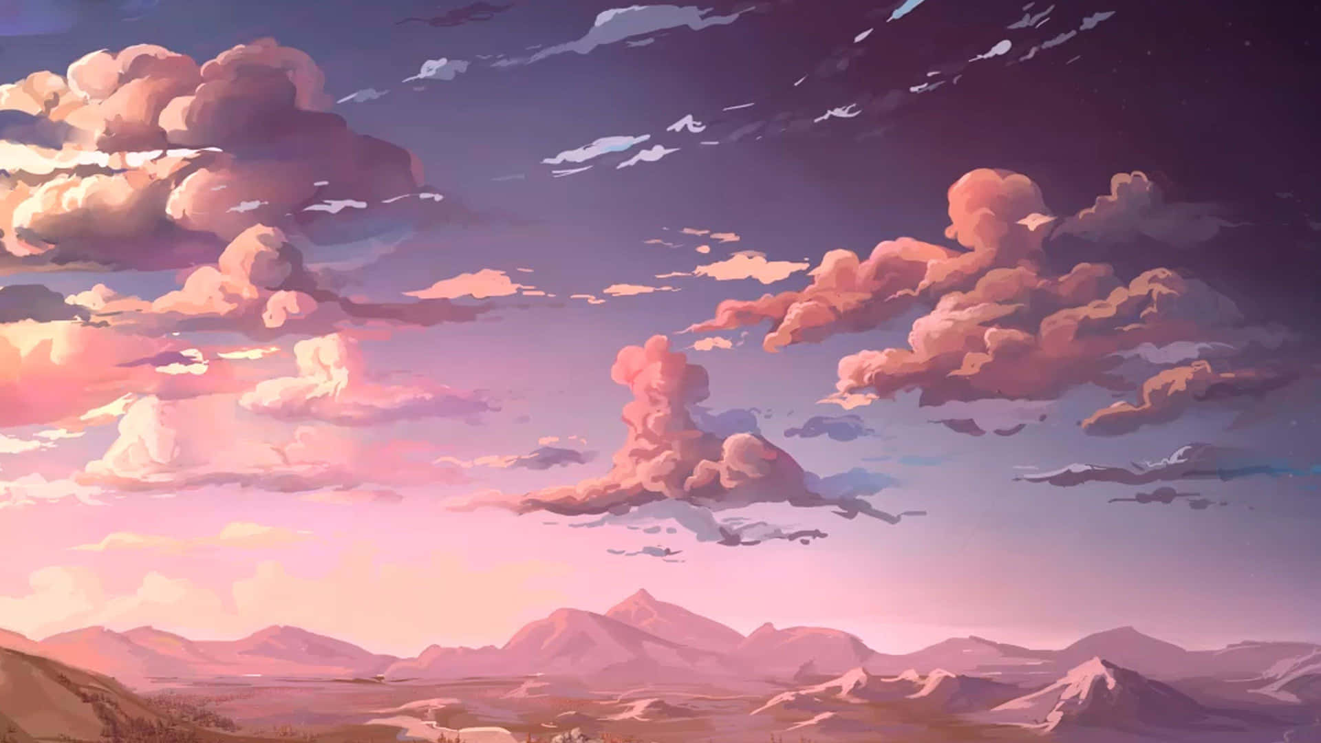 Wolken, Sonnenuntergang, Rosa Himmel, Berge, Digitale Malerei, 1920x1080, PC-Hintergrundbild