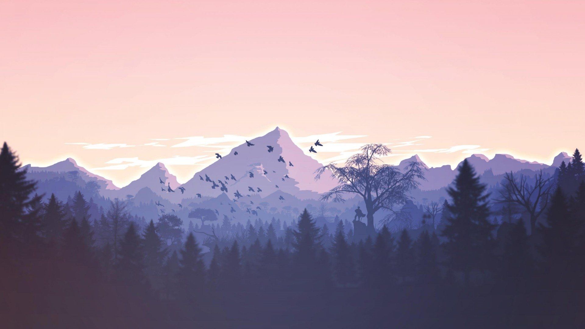 Berge, Wald, Vögel, Flat Design, Lila Töne, Full HD, Desktop-Hintergrund für Windows