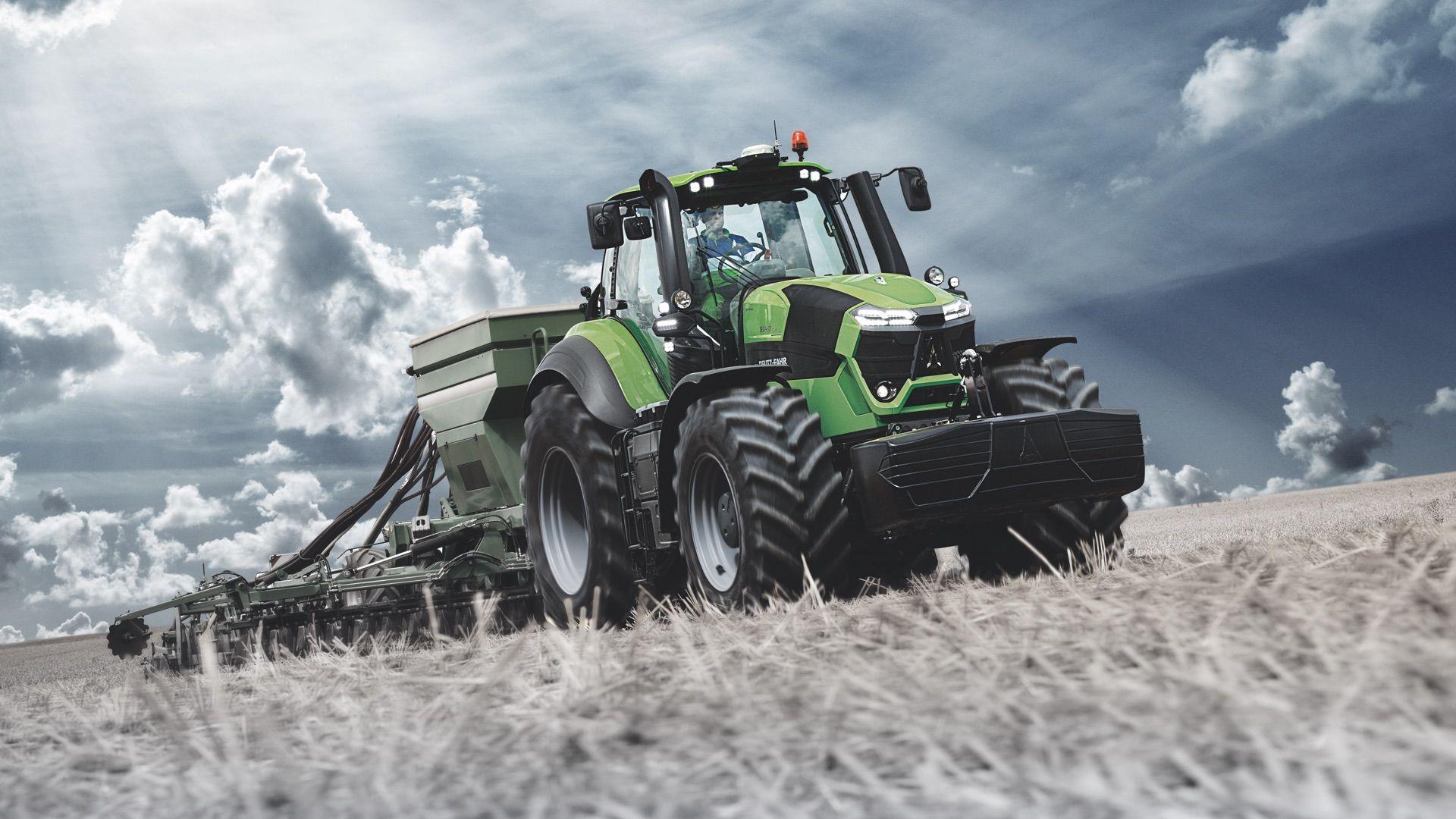 Deutz-Fahr, Traktor, Sämaschine, Wolken, Bearbeitet, 16:9, Full-HD-Hintergrundbild für den Desktop