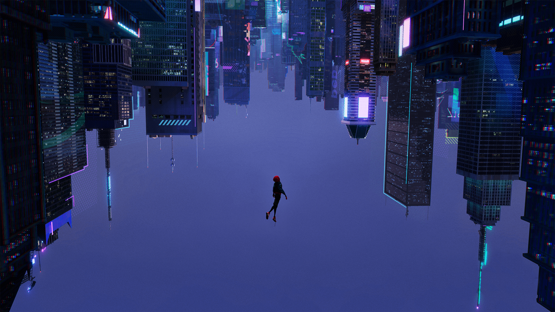Spider-Man: A New Universe, Miles Morales, Kopfüber, Neonstadt, Nacht, Full-HD-Hintergrundbild für PC