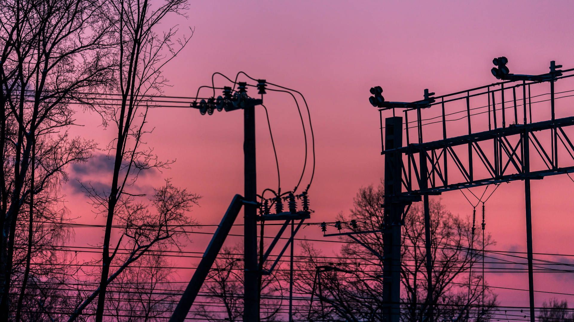Strommasten, Bäume, Silhouette, Rosa Himmel, Dämmerung, Full HD, Desktop-Hintergrund für Windows