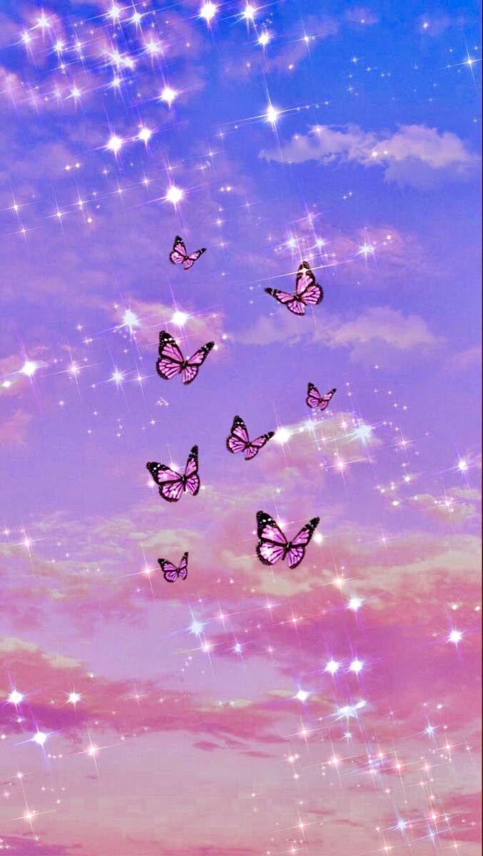 Schmetterlinge, Rosa Himmel, Lila, Glitzer, Sterne, Verträumt, Android-Hintergrundbild