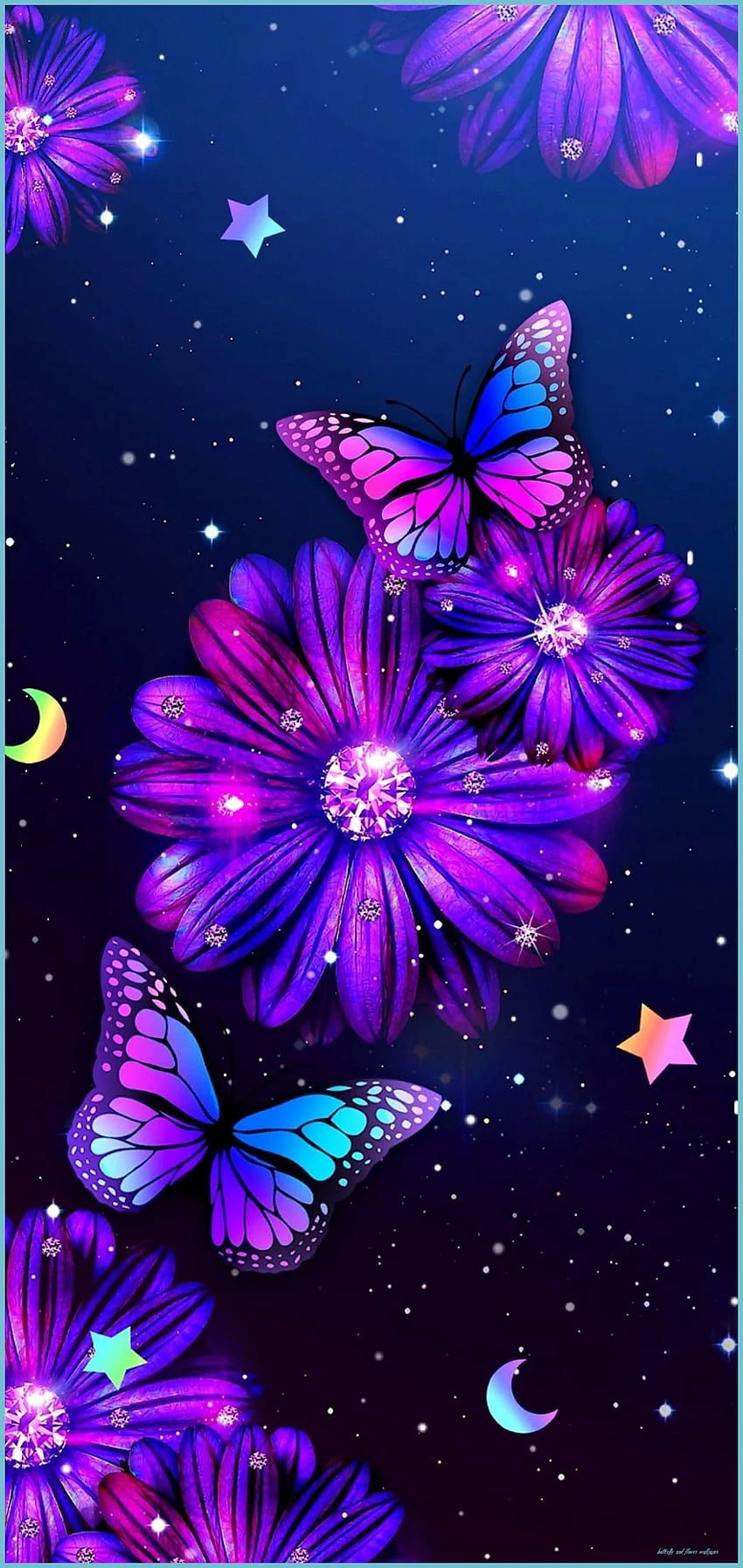 Lila Blüten, Schmetterlinge, Nachthimmel, Mond, Sterne, Neon, HD, Handy-Hintergrundbild