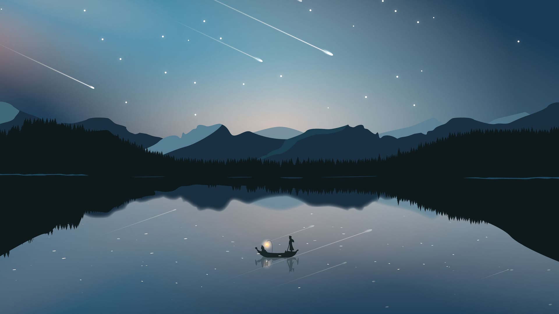 Bergsee, Sternschnuppen, Boot, Nacht, Spiegelung, Full HD 1080p, Desktop-Hintergrundbild