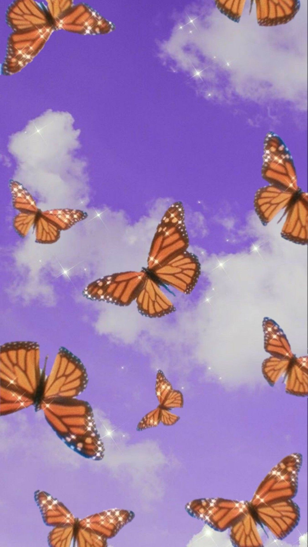 Monarchfalter, Lila Himmel, Wolken, Ästhetik, Schwarm, Full HD, Handy-Hintergrund im Hochformat