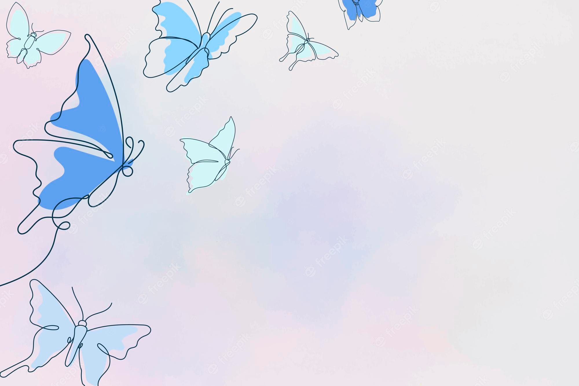 Blaue Schmetterlinge, Line Art, Aquarell, Pastell, Hellgrau, Full-HD-Hintergrundbild für PC