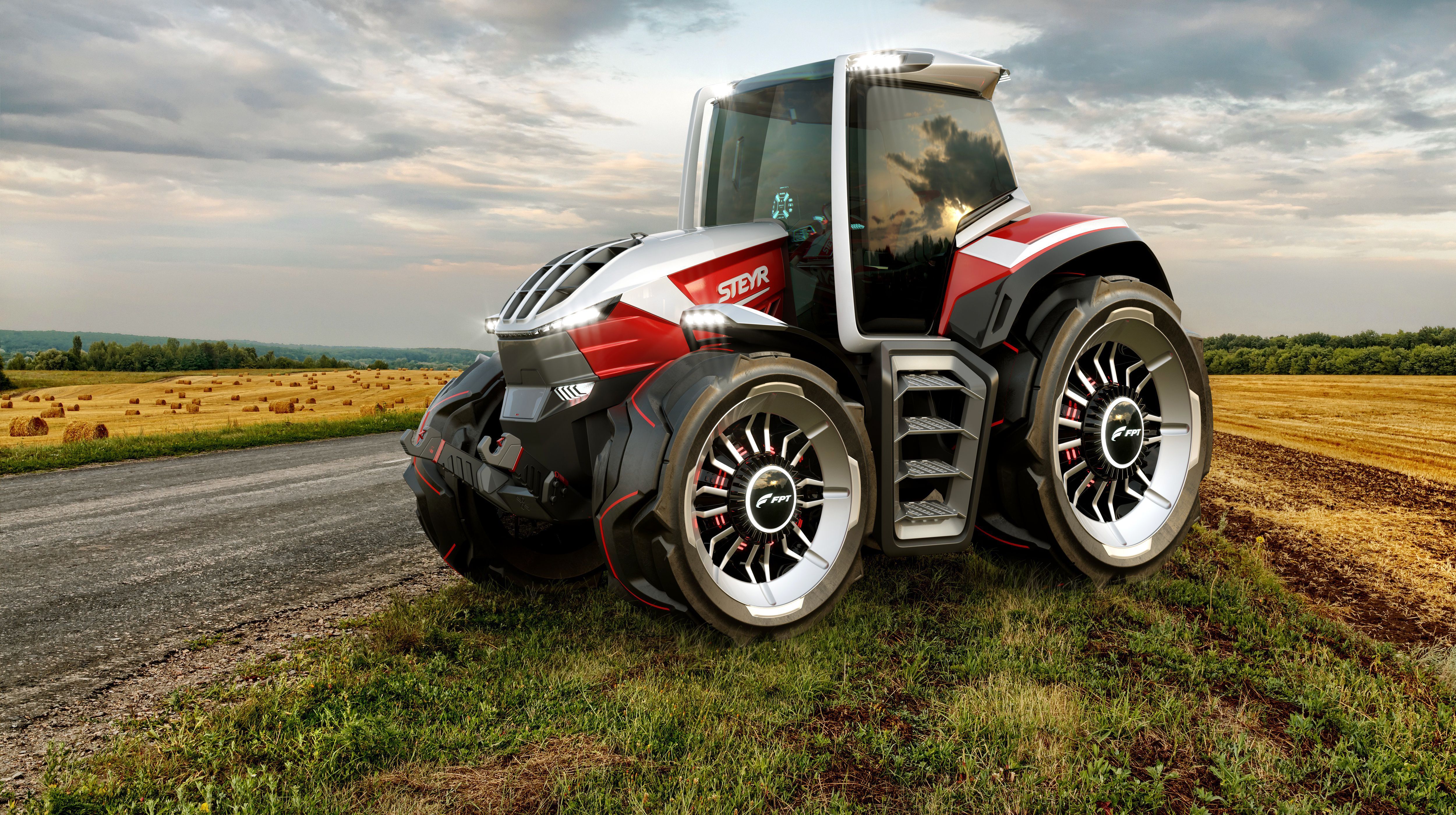 Konzepttraktor, Futuristisch, Feldweg, Rot-Weiß, Getreidefeld, 4K-Hintergrundbild für PC